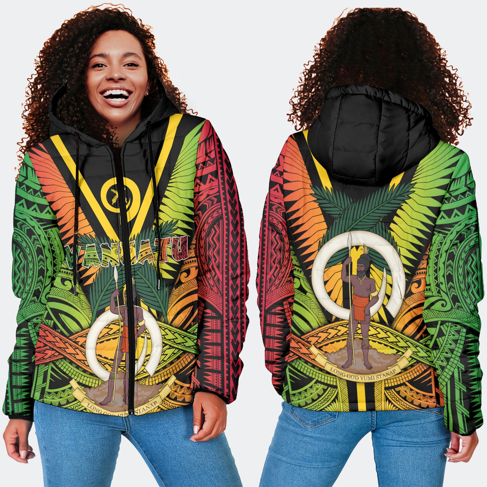 Vanuatu Women Hooded Padded Jacket Coat Of Arms Reggae Style