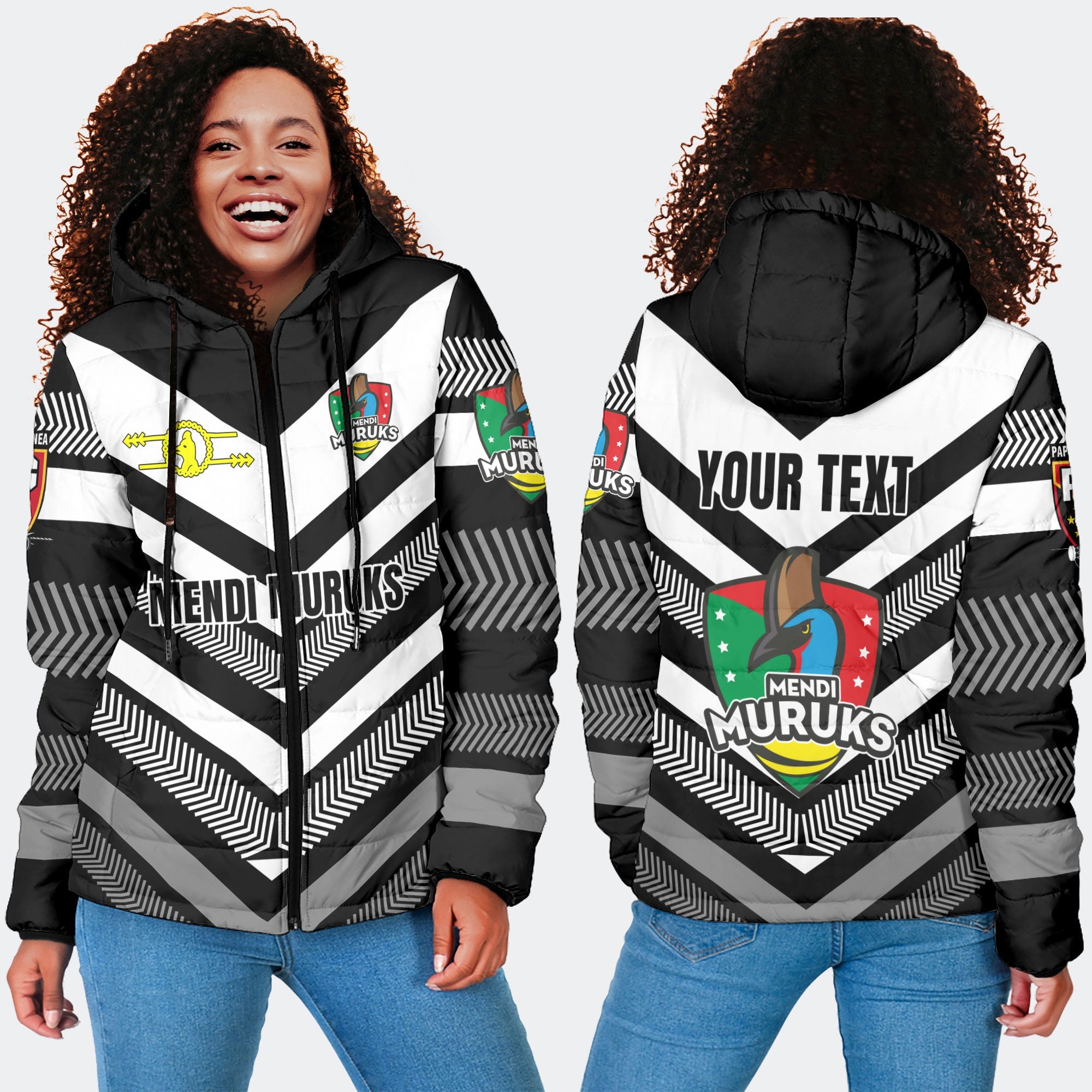 Custom Mendi Muruks Women Hooded Padded Jacket Papua New Guinea Rugby Black & White Style