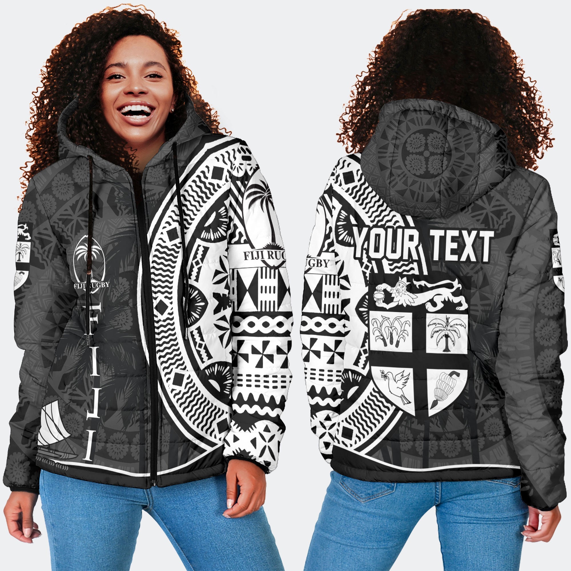 Custom Fiji Rugby Women Hooded Padded Jacket