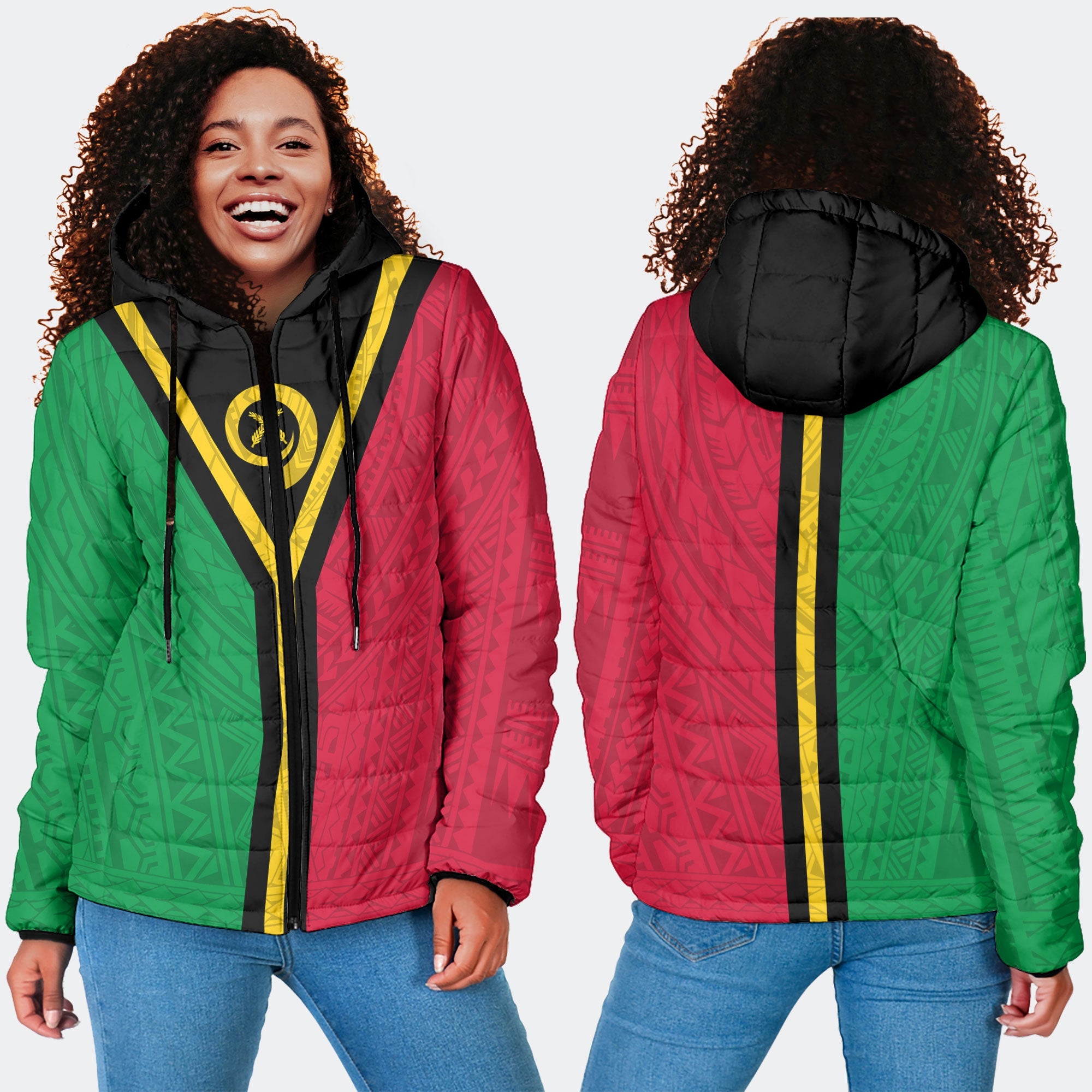 Vanuatu Women Hooded Padded Jacket Polynesian Flag Style