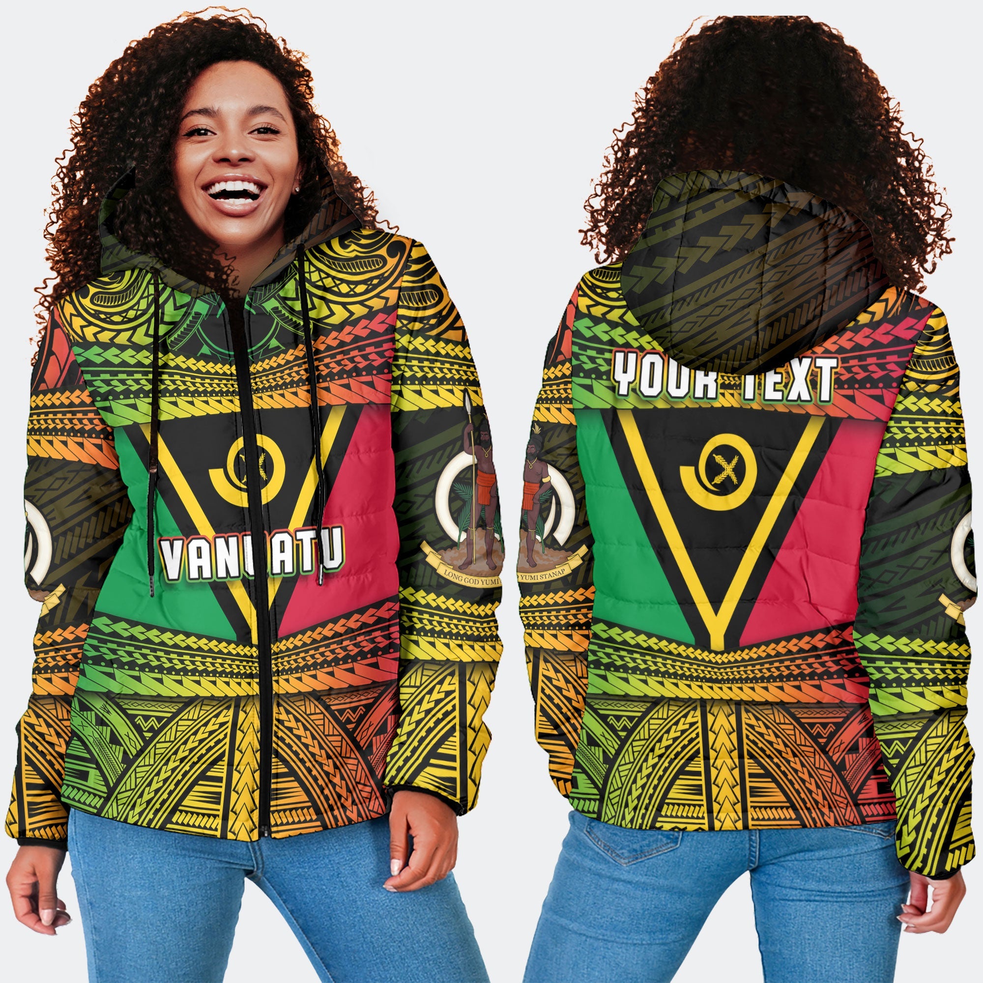 Custom Vanuatu Flag & Coat Of Arms Women Hooded Padded Jacket Reggae Style