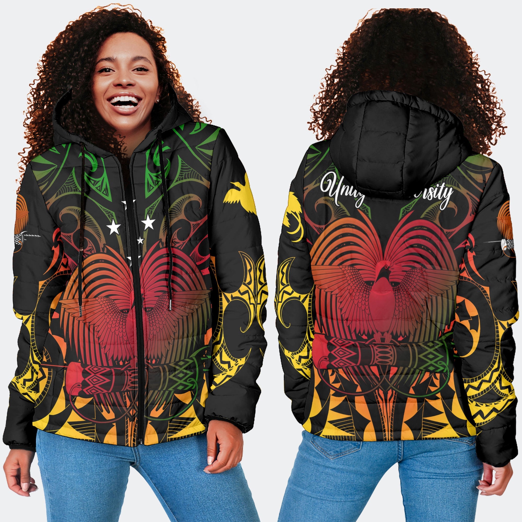 Papua New Guinea Women Hooded Padded Jacket Unity In Diversity Motto