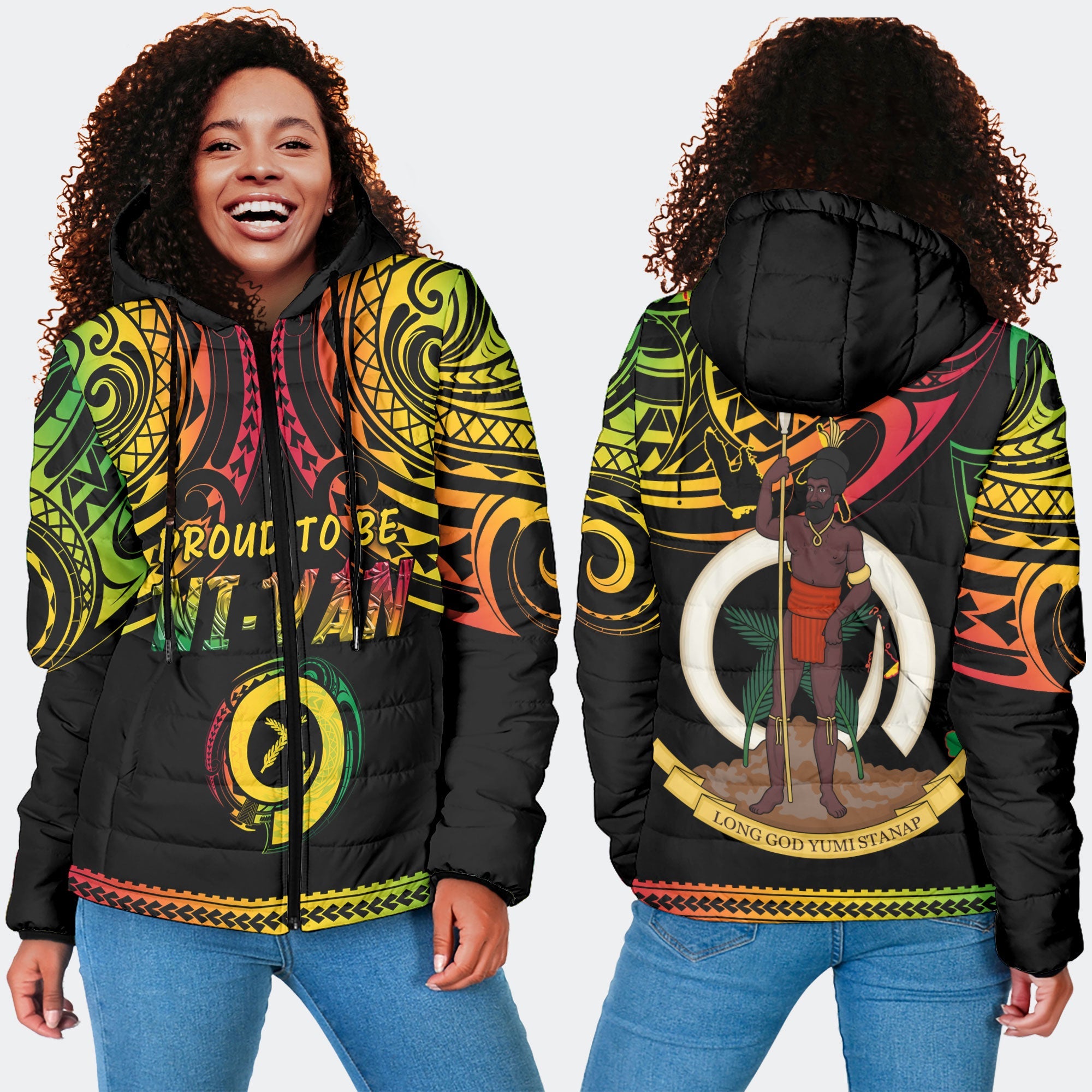 Vanuatu Proud To Be Ni-Van Women Hooded Padded Jacket Coat Of Arms Reggae Style