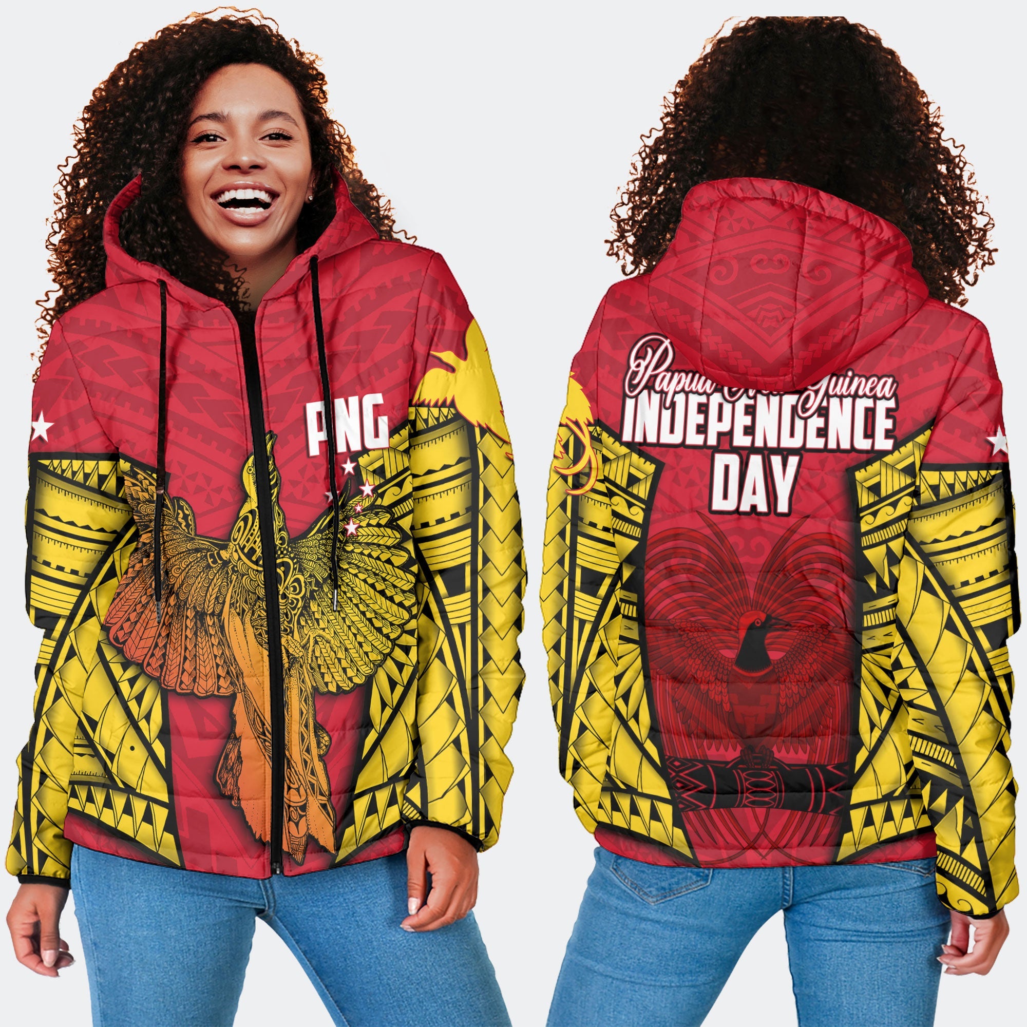 Papua New Guinea Independence Day Women Hooded Padded Jacket Raggiana Bird of Paradise Style