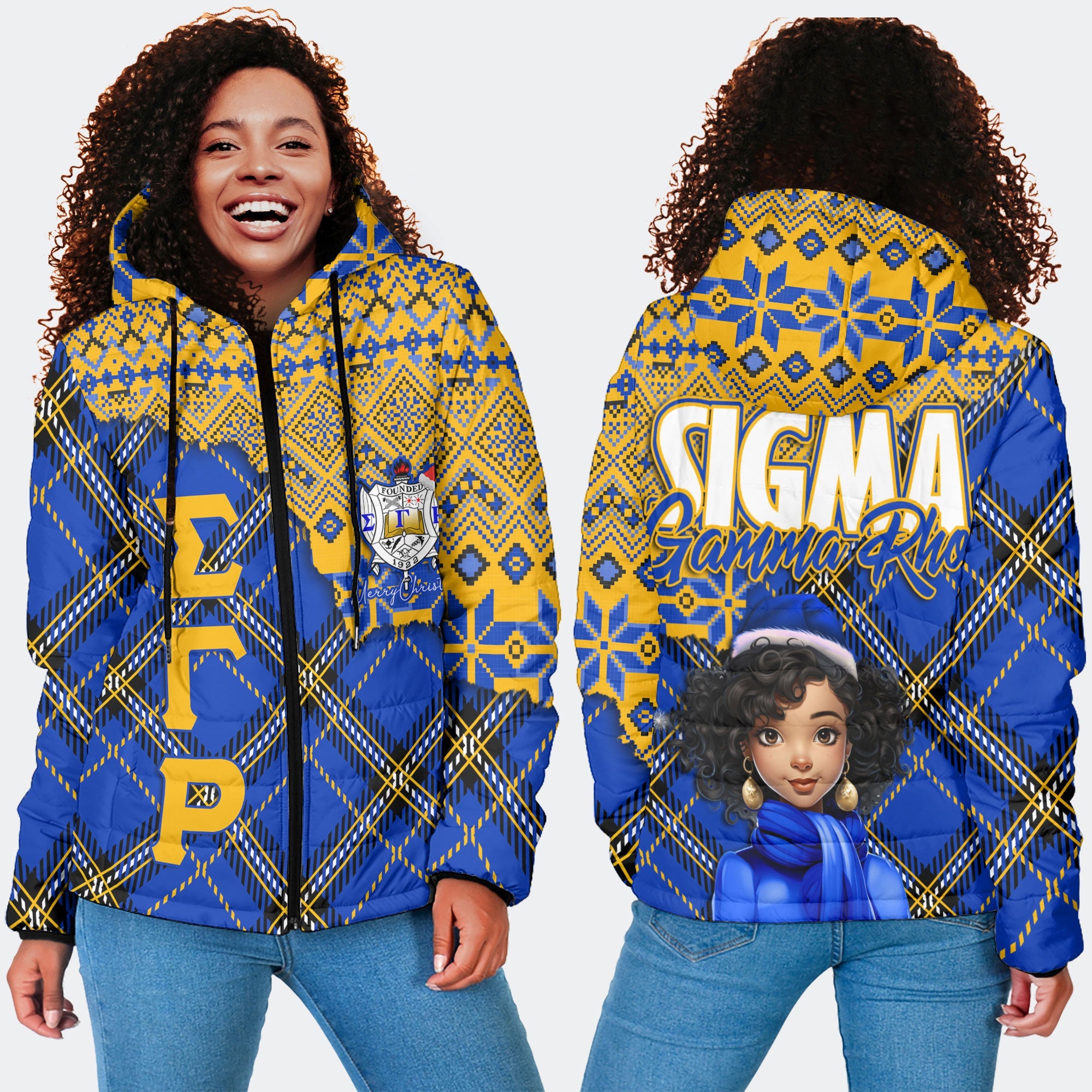 Sorority Jacket - Christmas Sigma Gamma Rho Girl Women Hooded Padded Jacket Plaid Background Style