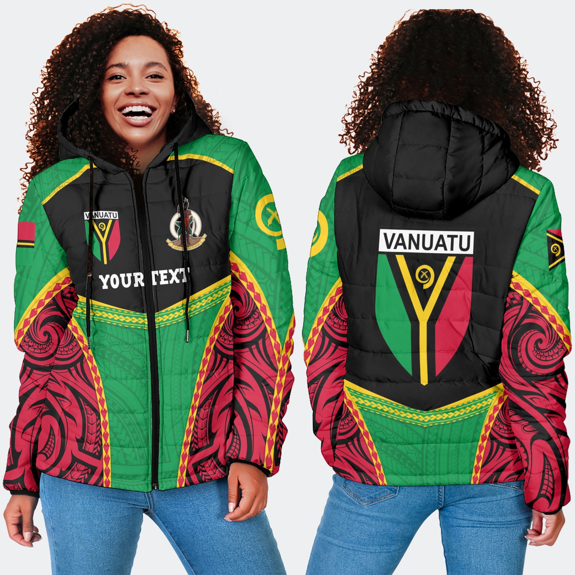 Custom Vanuatu Flag & Coat Of Arms Women Hooded Padded Jacket Black Style