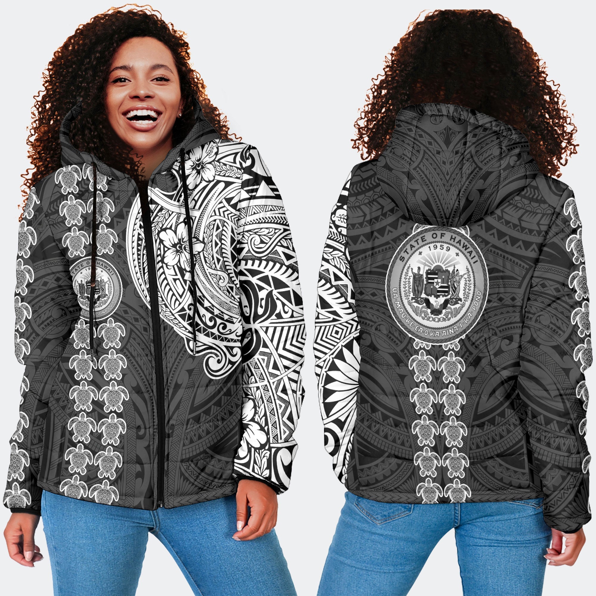 Hawaii Seal Polynesian Turtle Line Women Hooded Padded Jacket