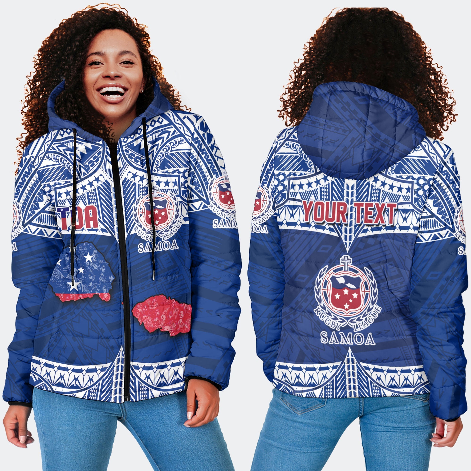 Custom Samoa TOA Rugby Women Hooded Padded Jacket Map Style