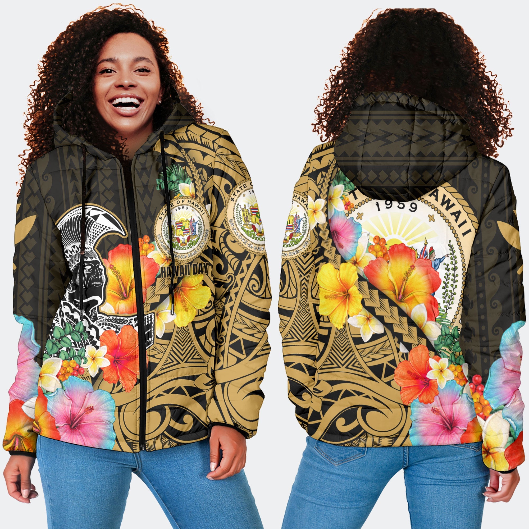 Hawaii Day King Kamehameha Women Hooded Padded Jacket