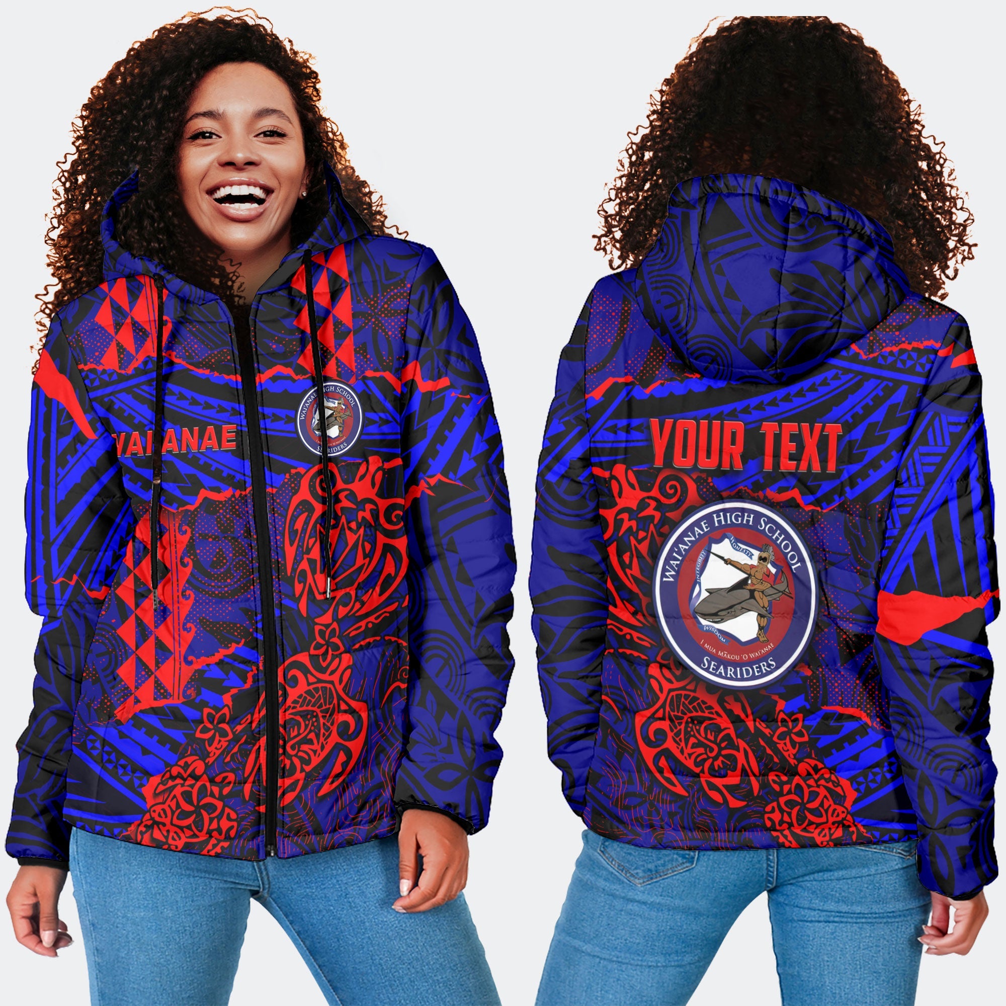 Hawaii Waianae High School Custom Women Hooded Padded Jacket Polynesian Turtle Style