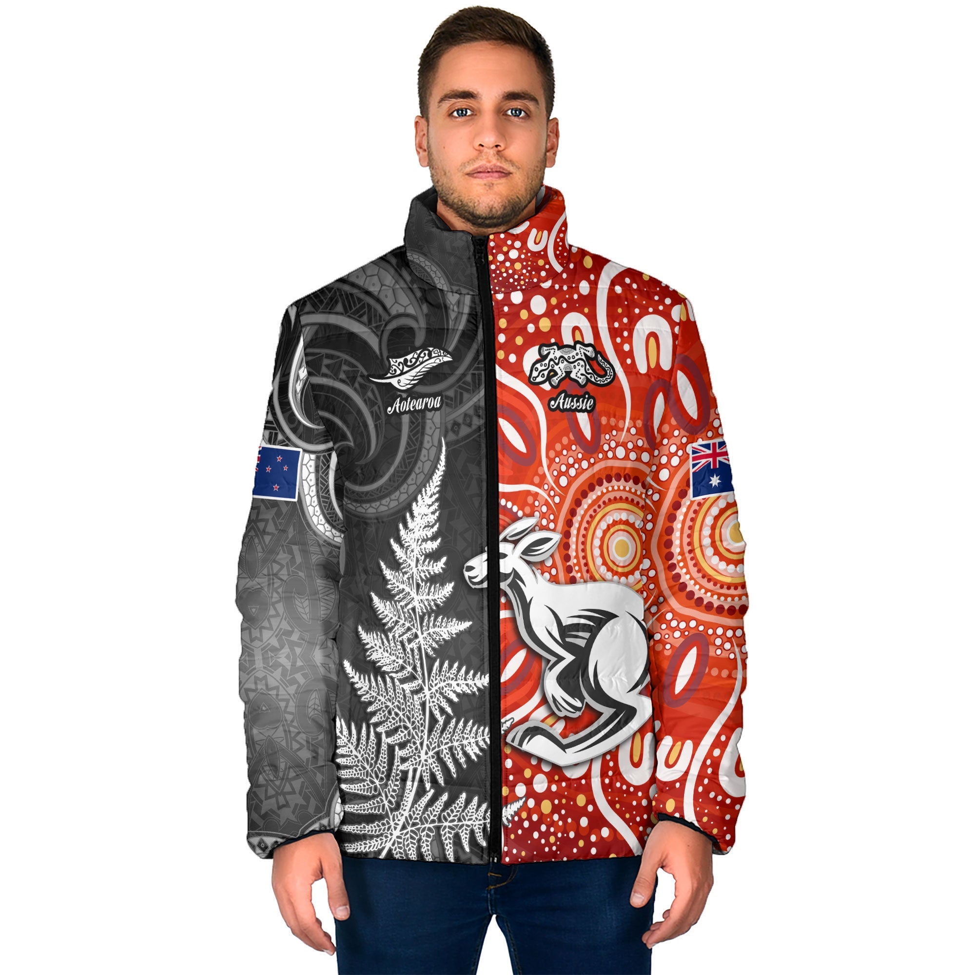 Custom New Zealand Rugby Men Padded Jacket Aotearoa Silver Fern & Aussie Kangaroo Maori & Aboriginal - LH1