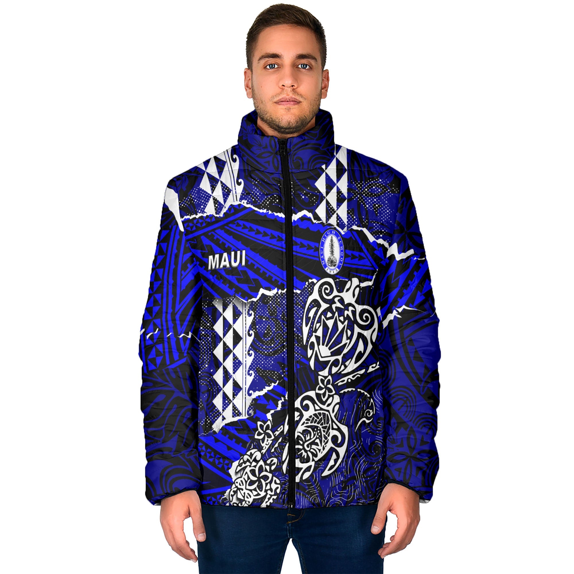 Hawaii Maui High School Custom Men Padded Jacket Polynesian Turtle Style