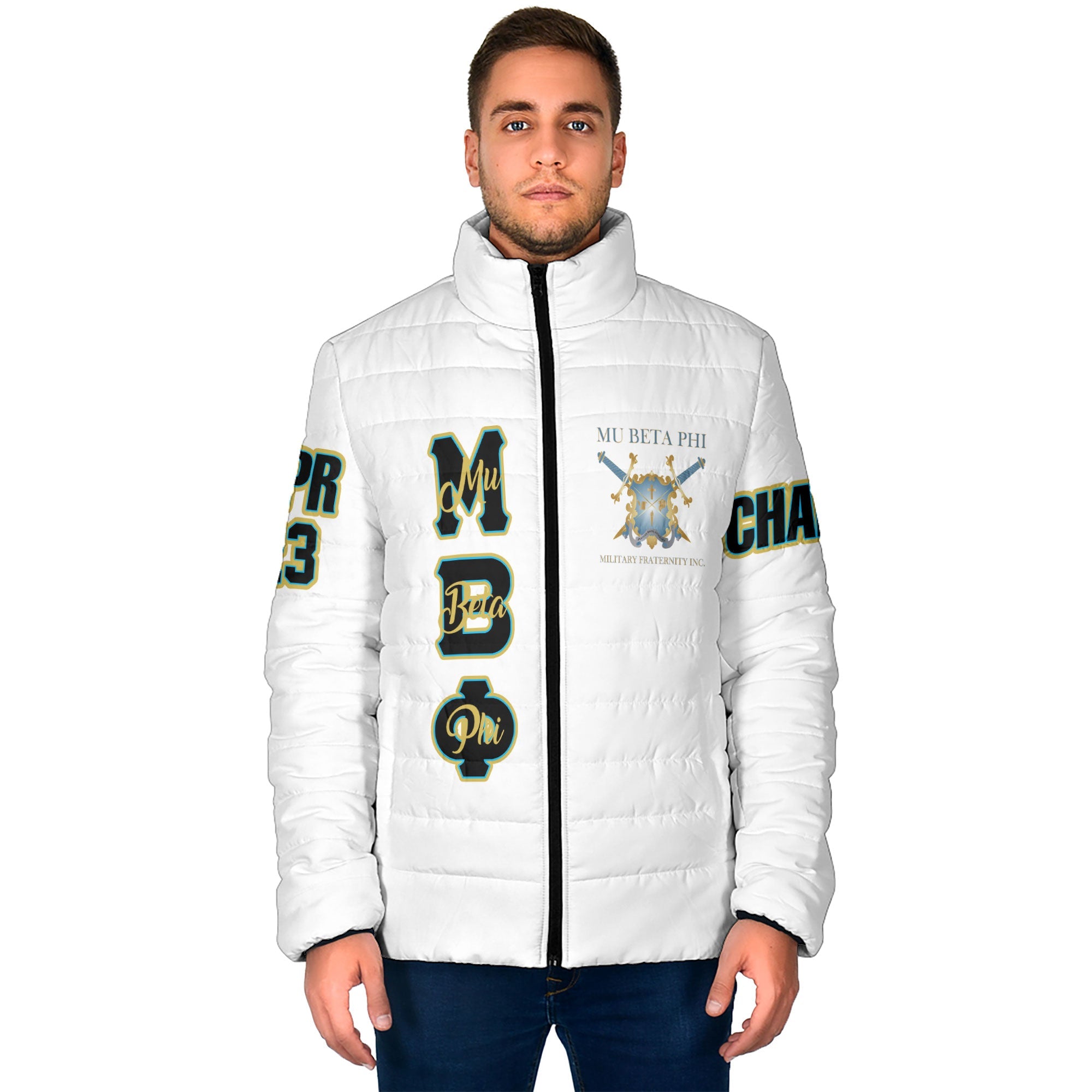 Fraternity Jacket - Personalized Mu Beta Phi Men Padded Jacket Original White Style