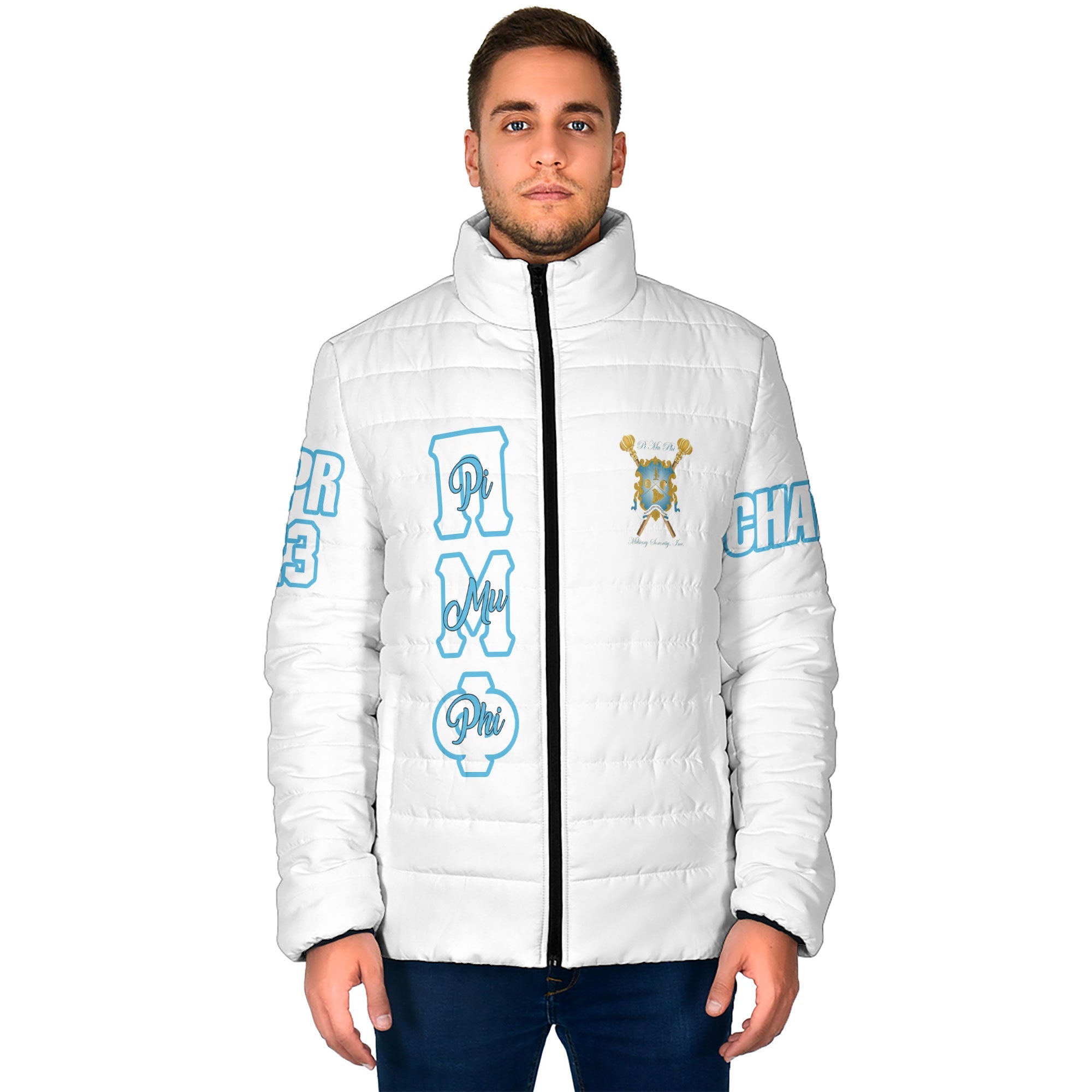 Sorority Jacket - Personalized Pi Mu Phi Men Padded Jacket Original White Style