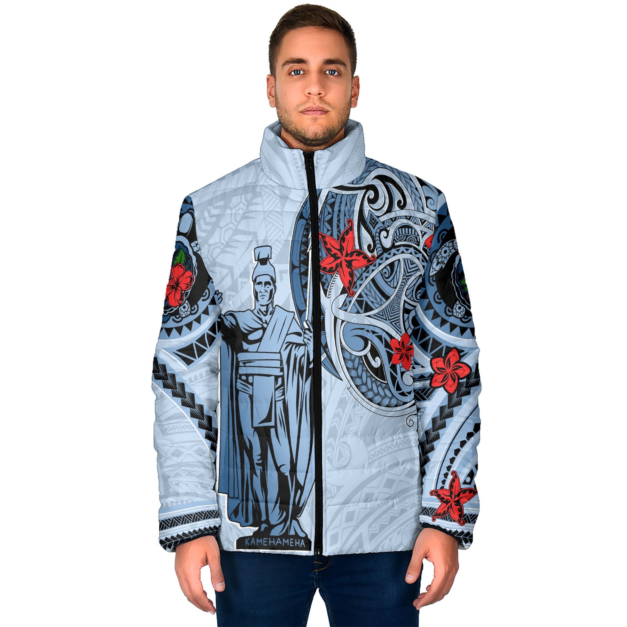 Custom King Kamehameha Hawaiian Men Padded Jacket Sea Green Plumeria Style