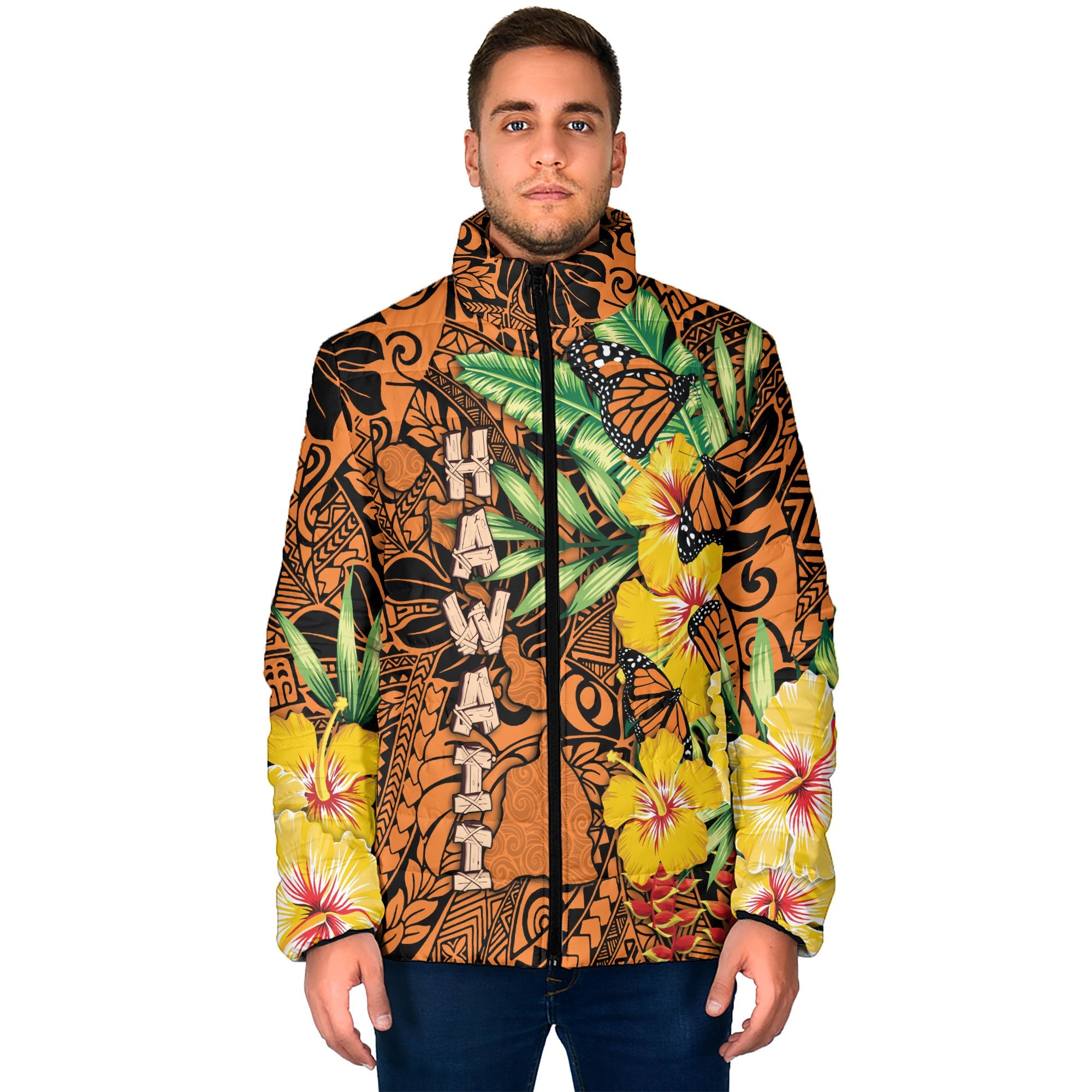 Hawaii Men Padded Jacket Kamehameha Butterfly Tropical Style