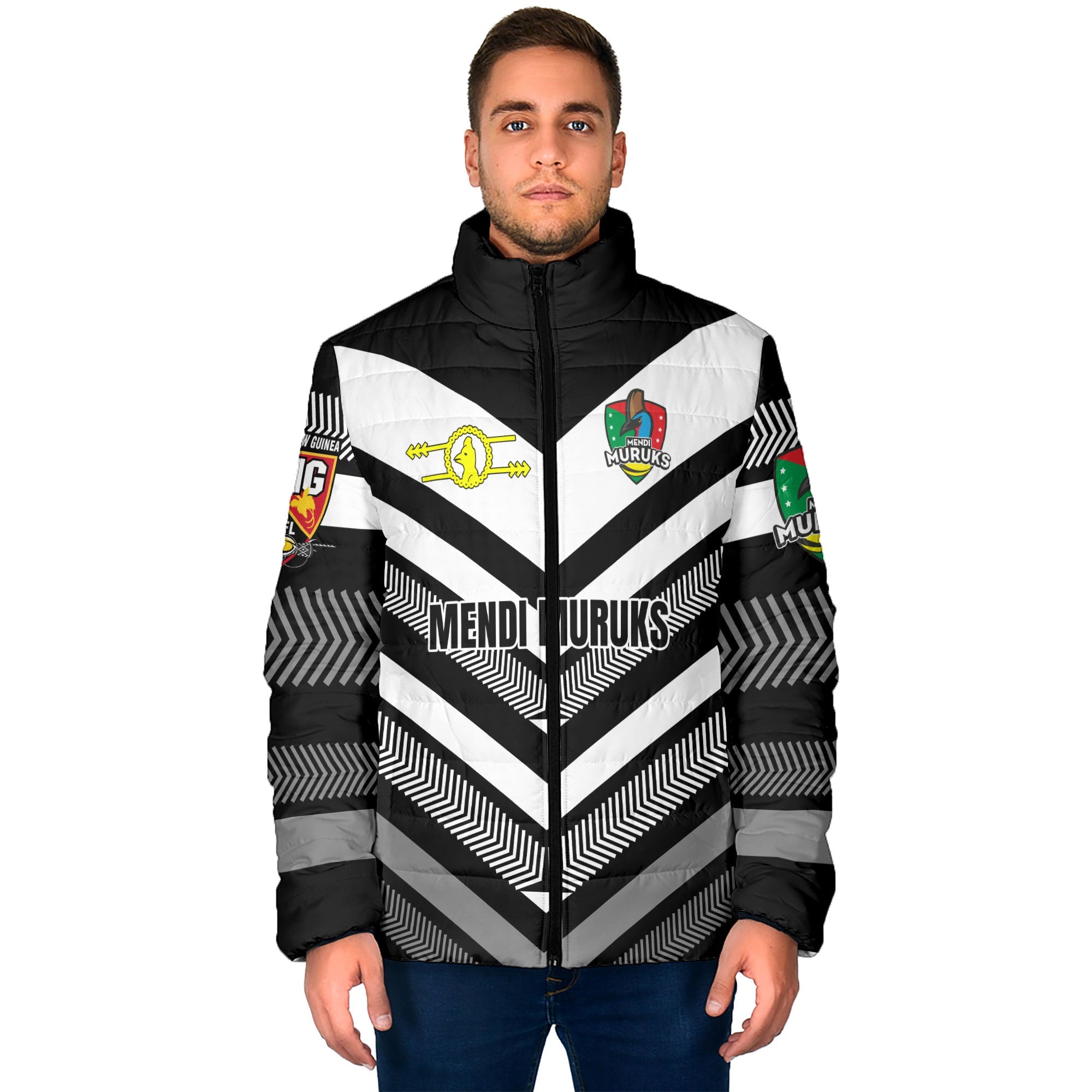 Custom Mendi Muruks Men Padded Jacket Papua New Guinea Rugby Black & White Style