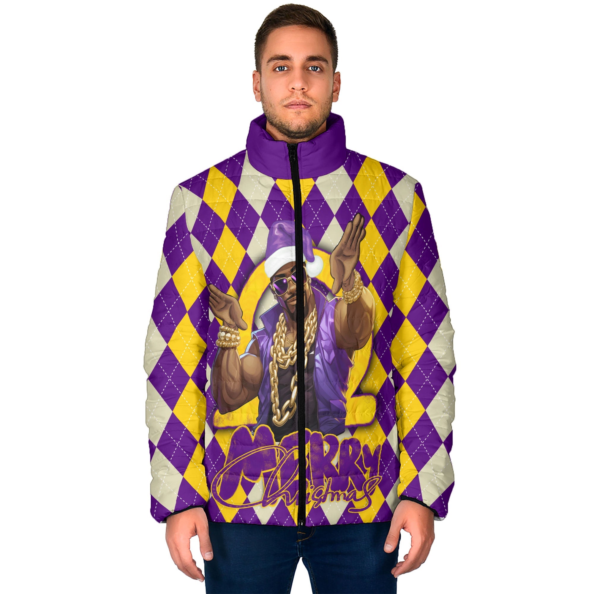 Fraternity Jacket - OPP Christmas Men Padded Jacket Bulldog Purple Gold Caro Pattern Style