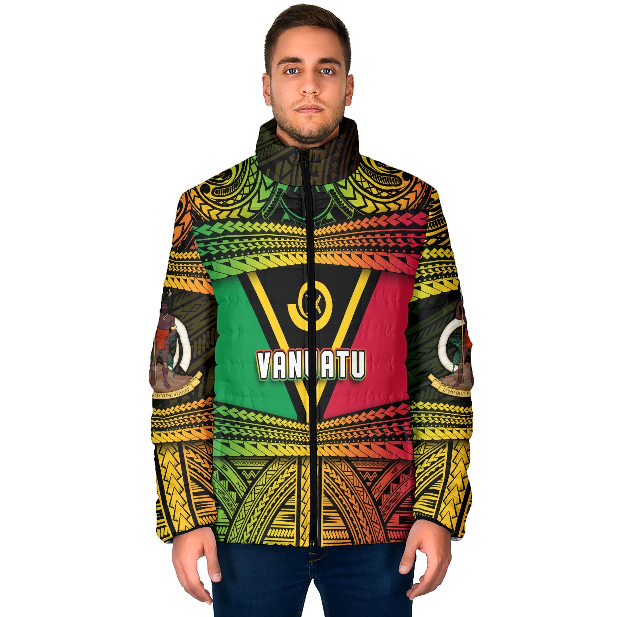 Custom Vanuatu Flag & Coat Of Arms Men Padded Jacket Reggae Style