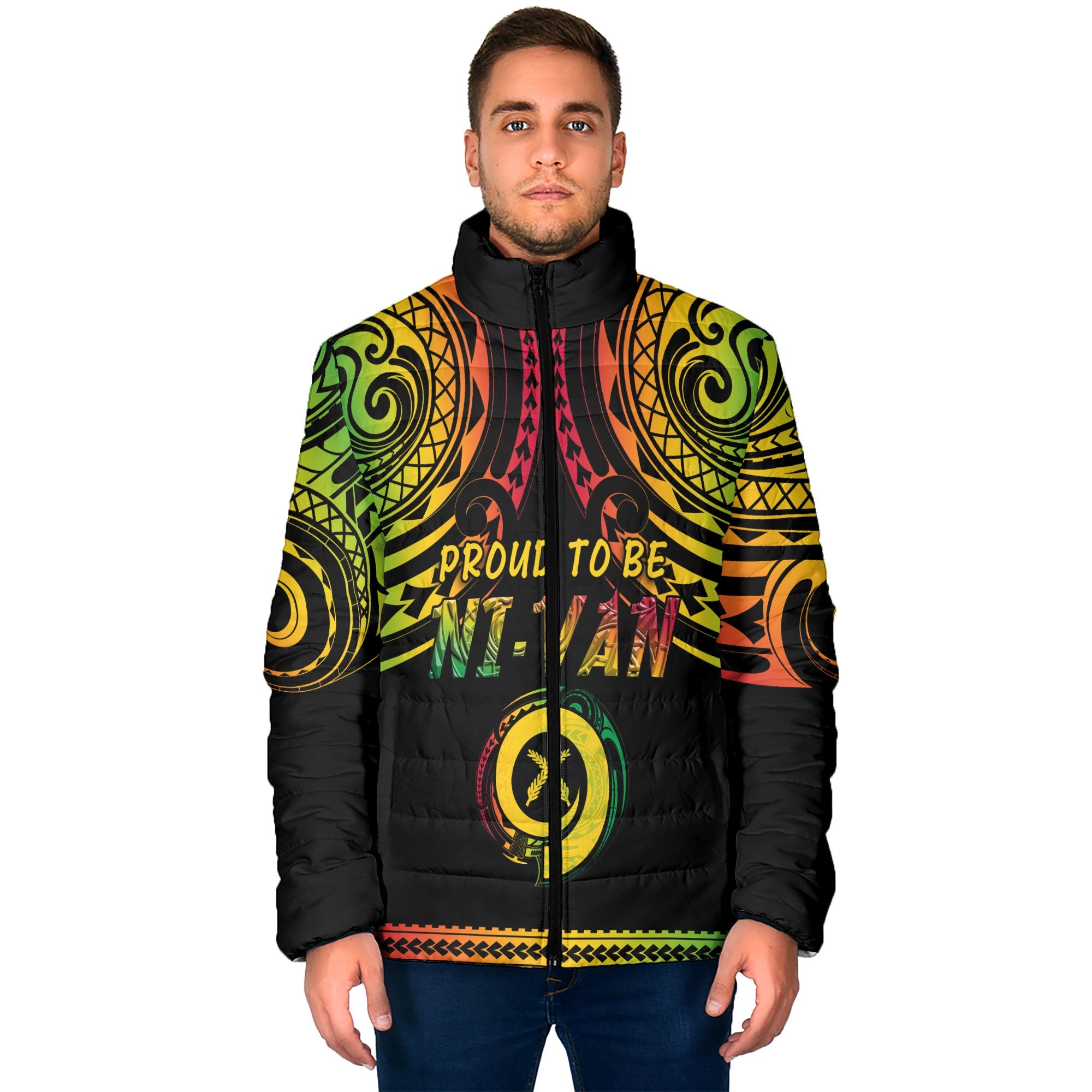 Vanuatu Proud To Be Ni-Van Men Padded Jacket Coat Of Arms Reggae Style