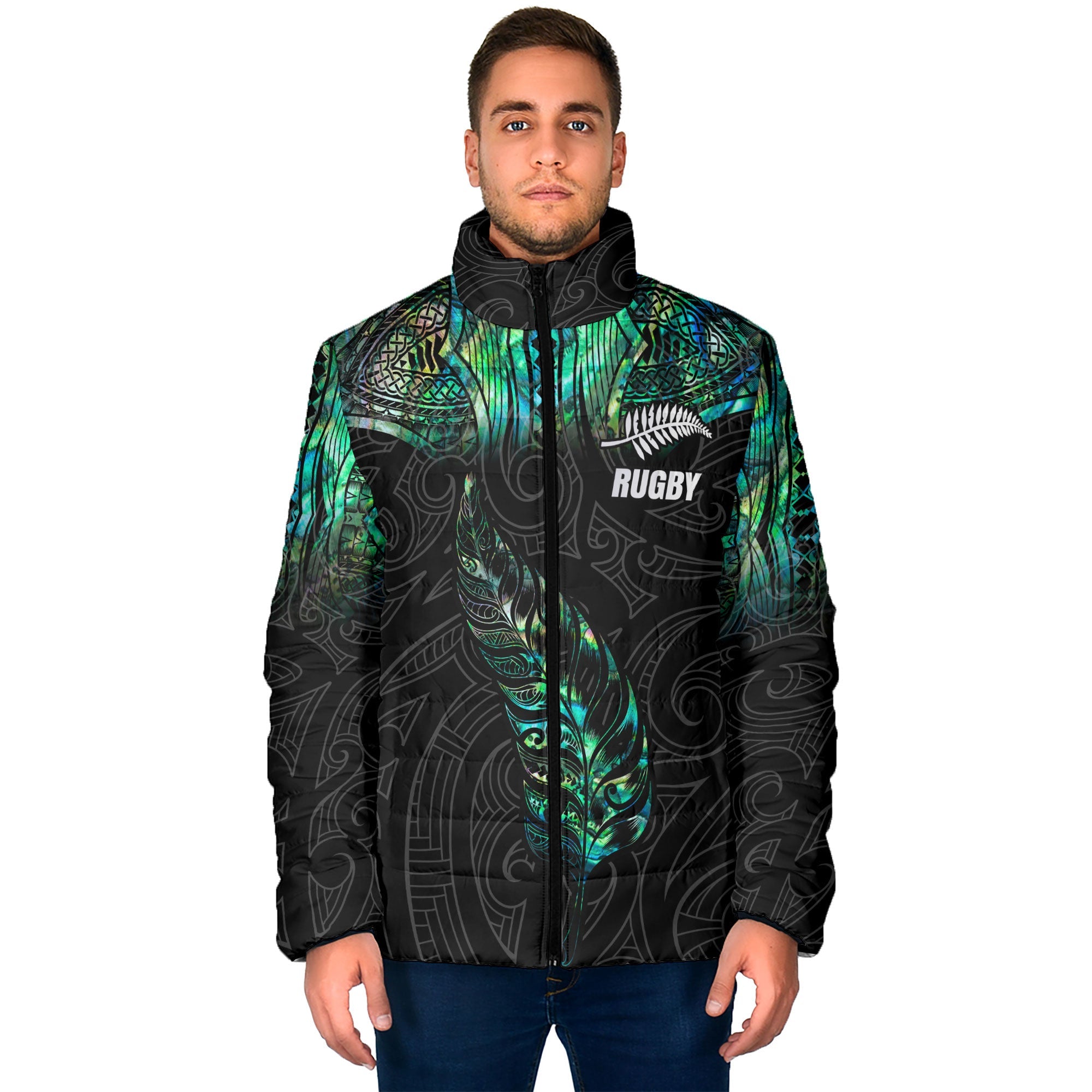 Custom New Zealand Rugby Men Padded Jacket Maori mix Paua Shell Rugby Silver Fern Aotearoa - LH1