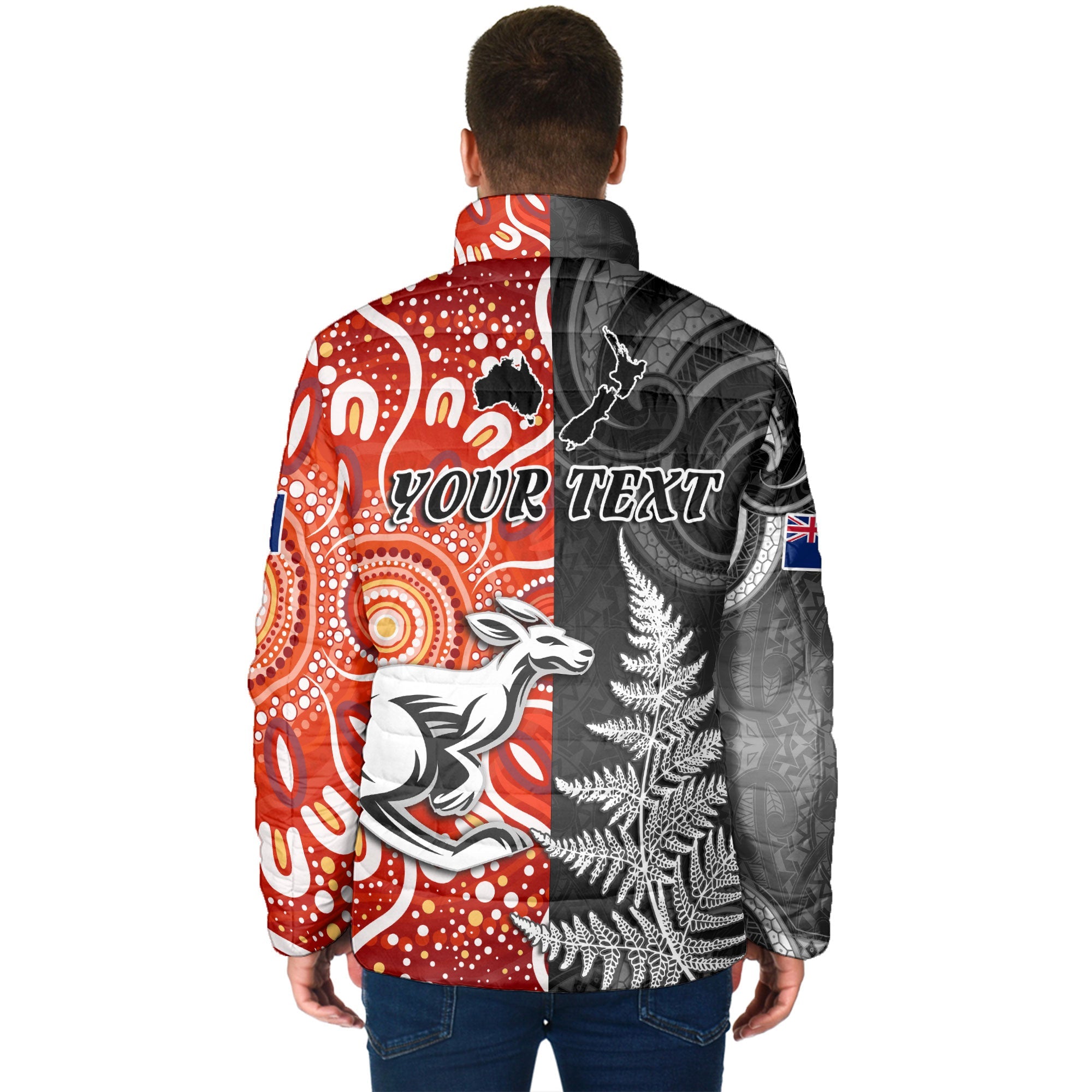 Custom New Zealand Rugby Men Padded Jacket Aotearoa Silver Fern & Aussie Kangaroo Maori & Aboriginal - LH1