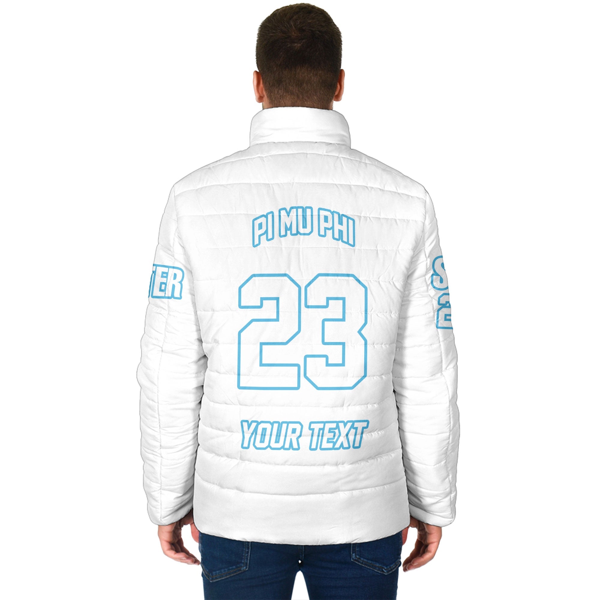 Sorority Jacket - Personalized Pi Mu Phi Men Padded Jacket Original White Style