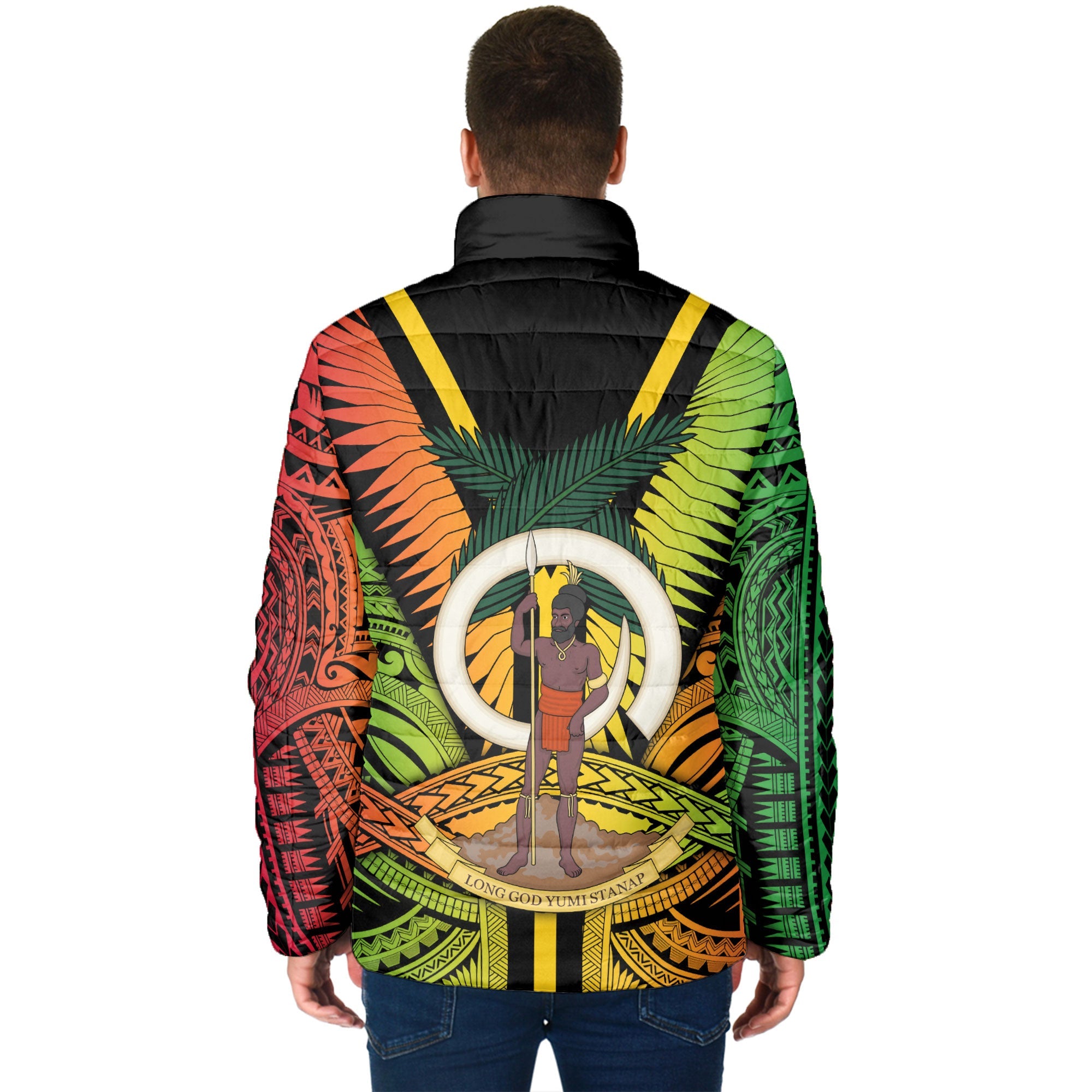 Vanuatu Men Padded Jacket Coat Of Arms Reggae Style