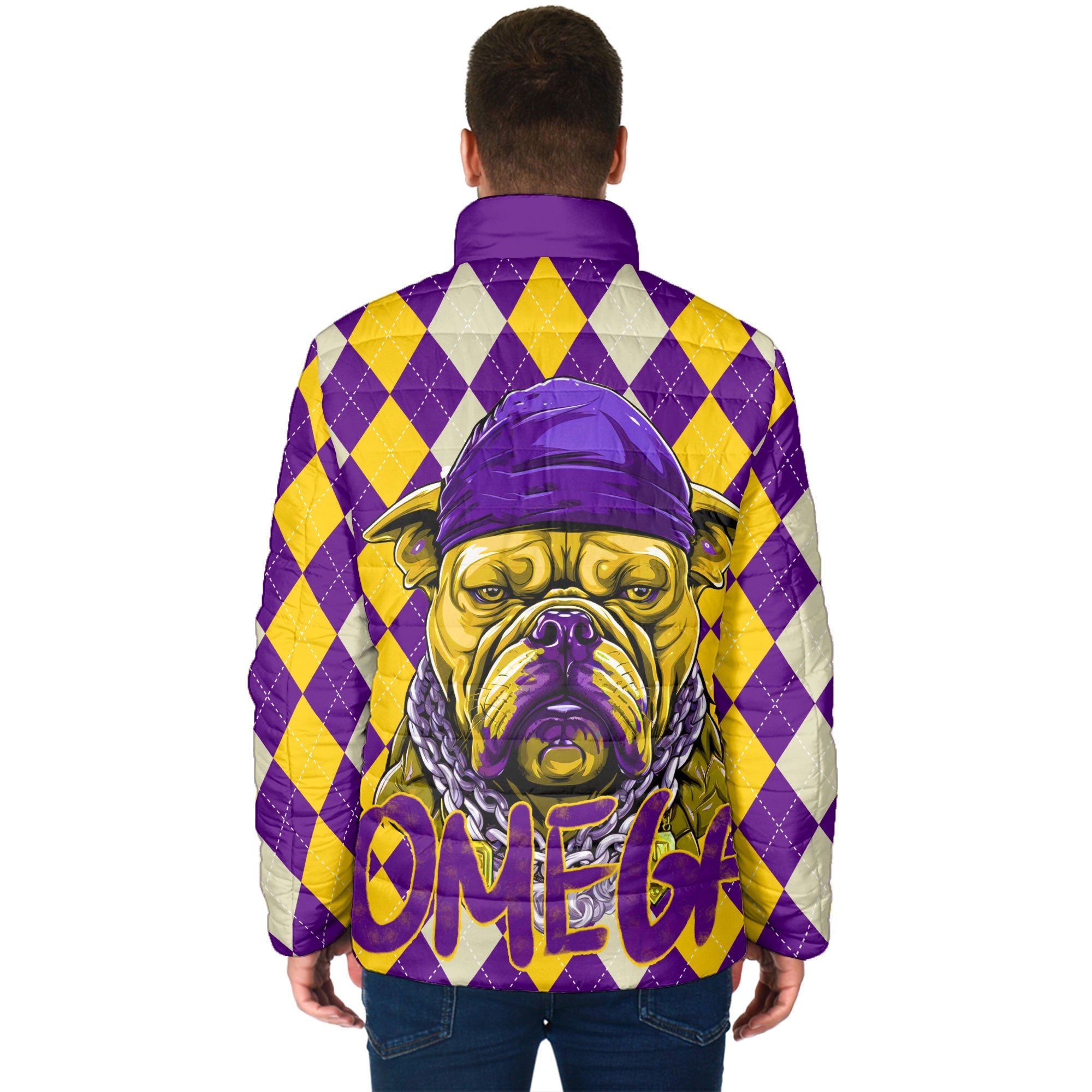 Fraternity Jacket - OPP Christmas Men Padded Jacket Bulldog Purple Gold Caro Pattern Style