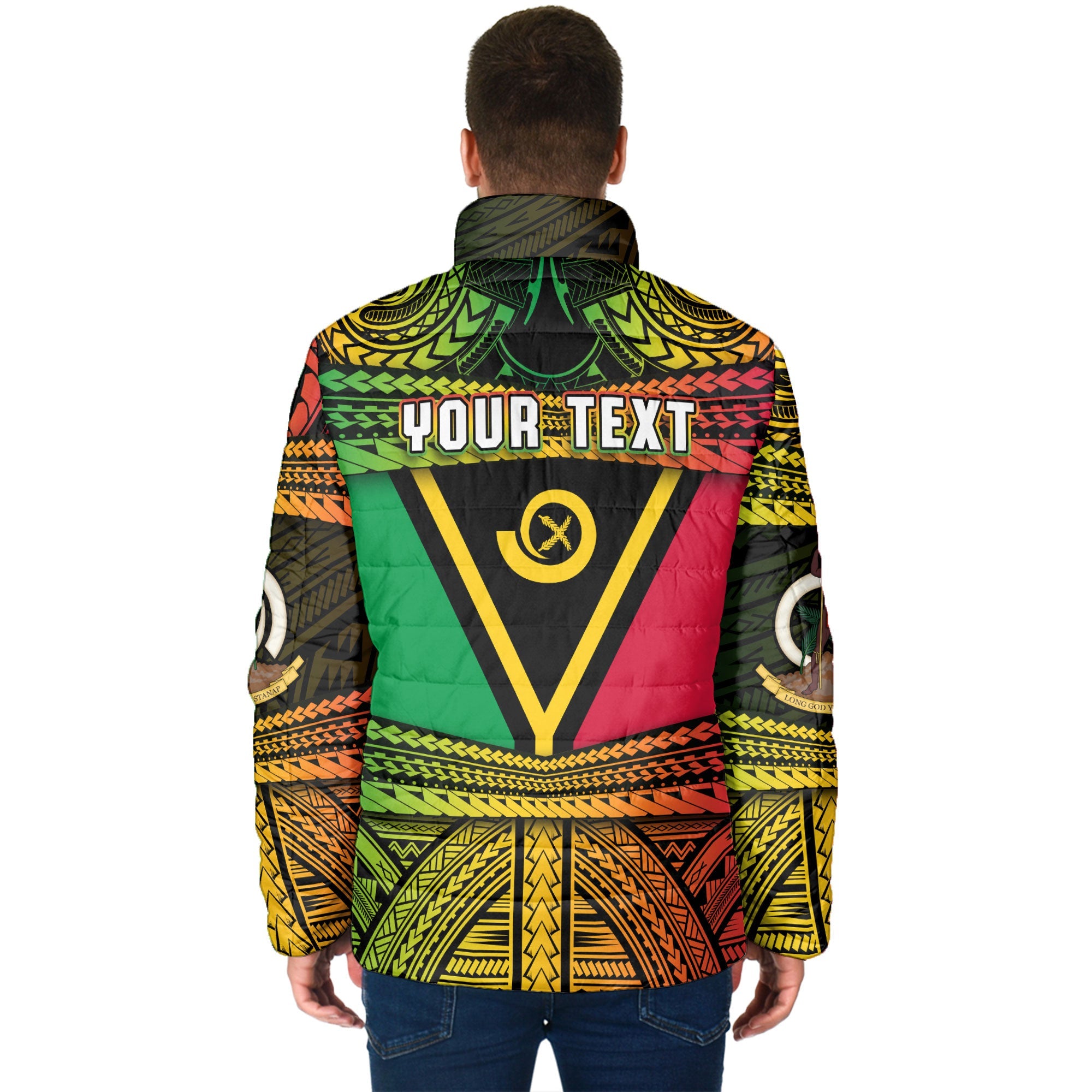 Custom Vanuatu Flag & Coat Of Arms Men Padded Jacket Reggae Style