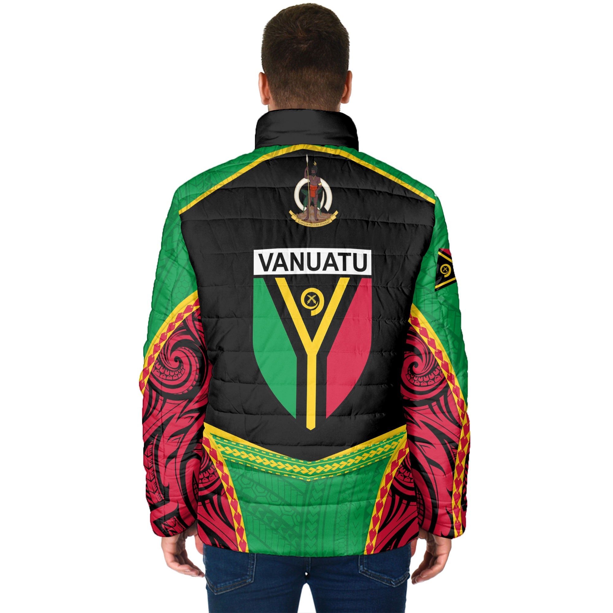 Custom Vanuatu Flag & Coat Of Arms Men Padded Jacket Black Style