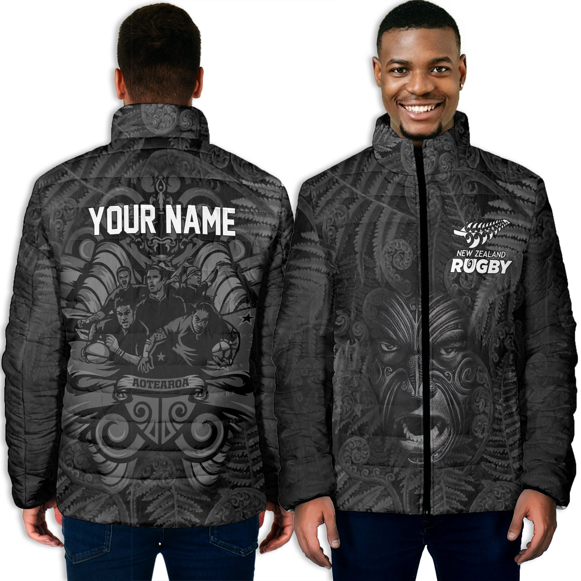 Custom New Zealand Rugby Men Padded Jacket Silver Fern & Maori Warrior Style