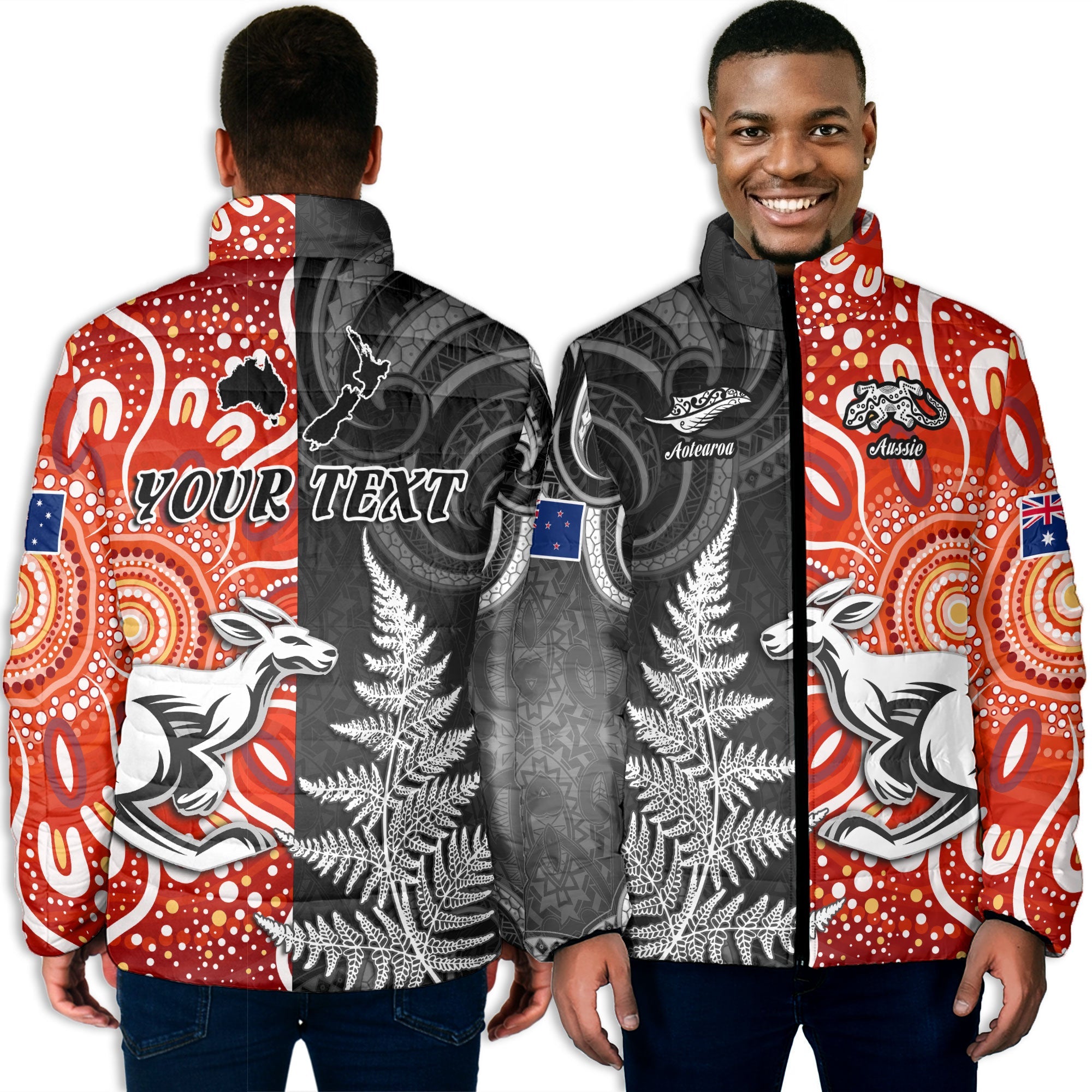 Custom New Zealand Rugby Men Padded Jacket Aotearoa Silver Fern & Aussie Kangaroo Maori & Aboriginal - LH1