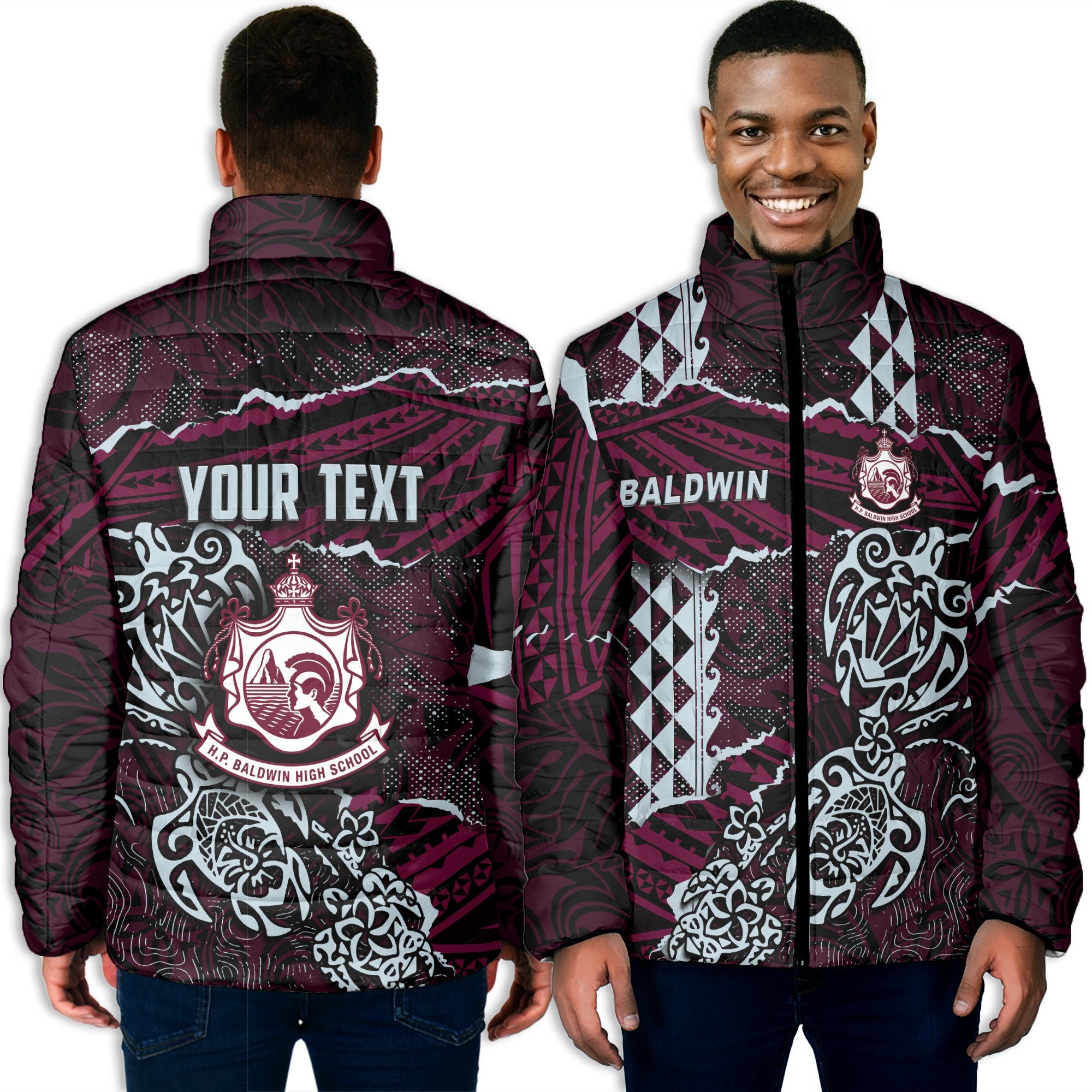 Hawaii Baldwin High School Custom Men Padded Jacket Polynesian Turtle Style