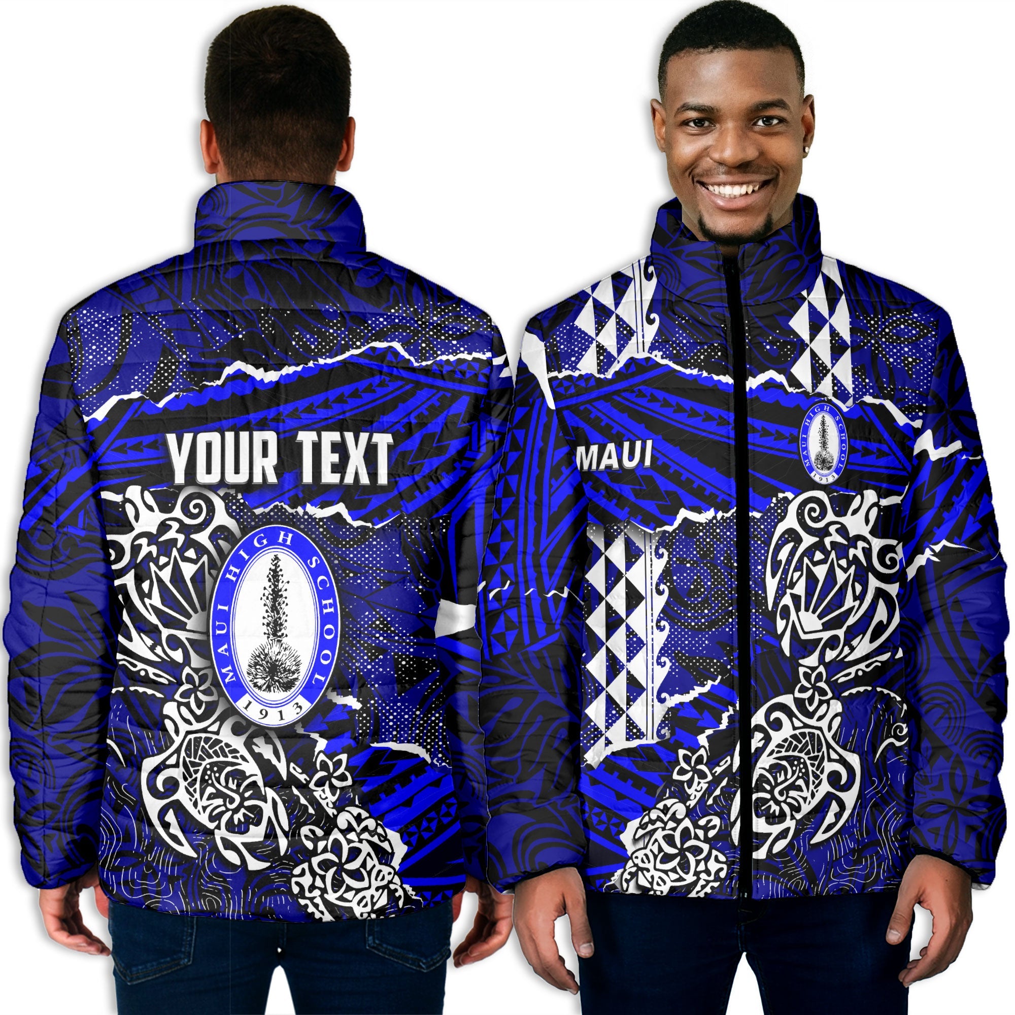 Hawaii Maui High School Custom Men Padded Jacket Polynesian Turtle Style