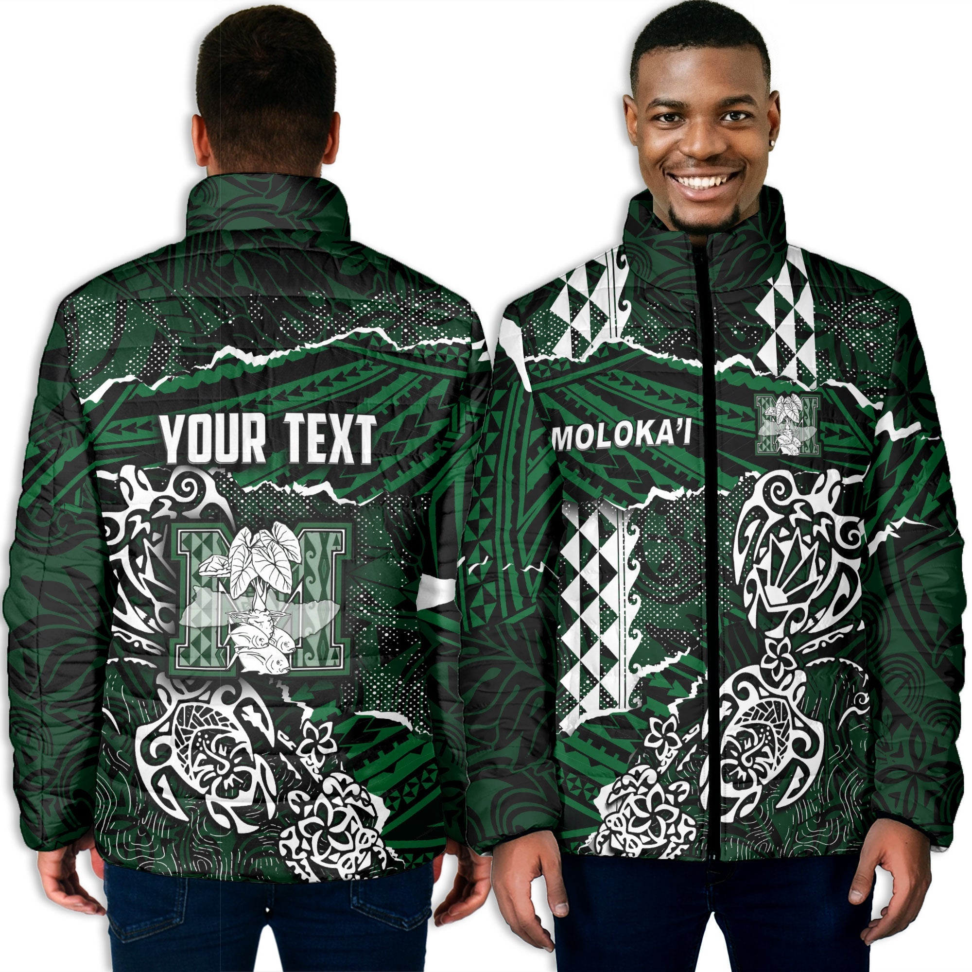 Hawaii Molokai High School Custom Men Padded Jacket Polynesian Turtle Style