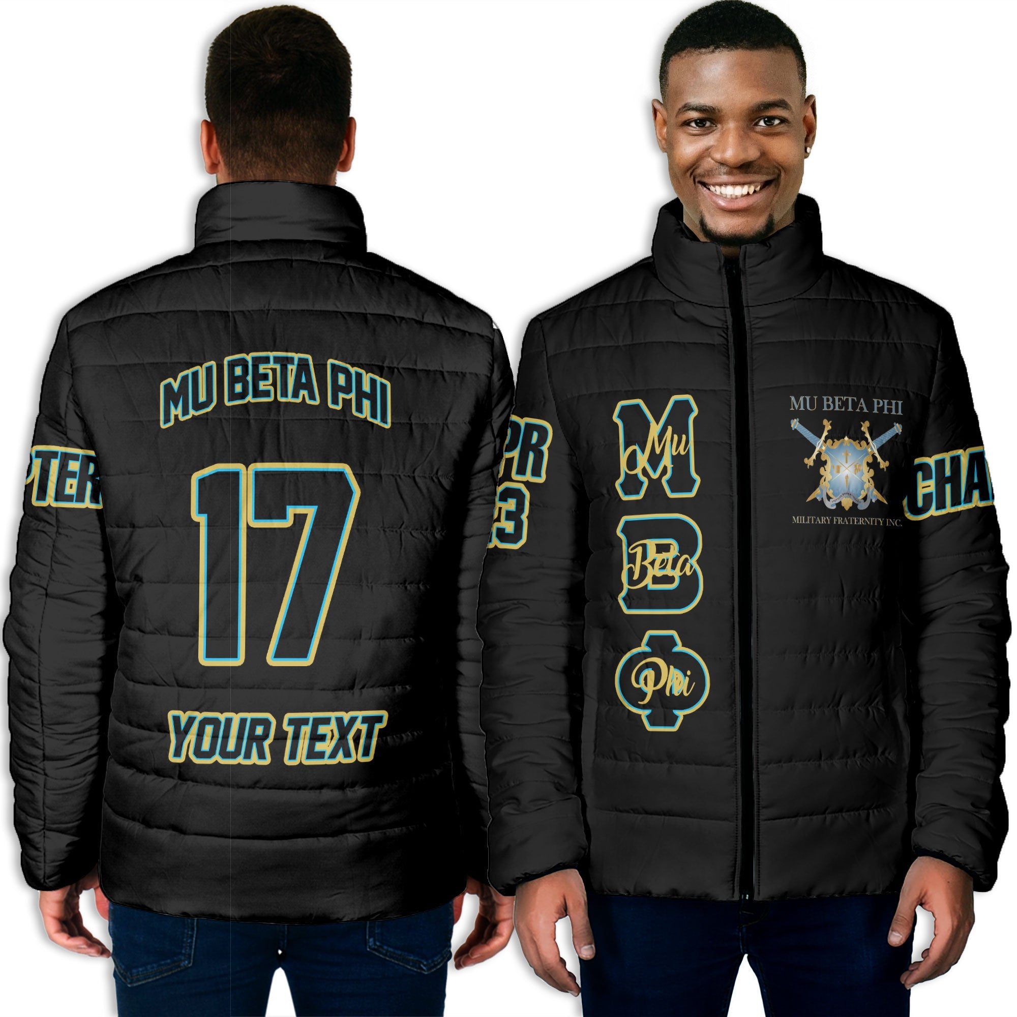 Fraternity Jacket - Personalized Mu Beta Phi Men Padded Jacket Original Black Style