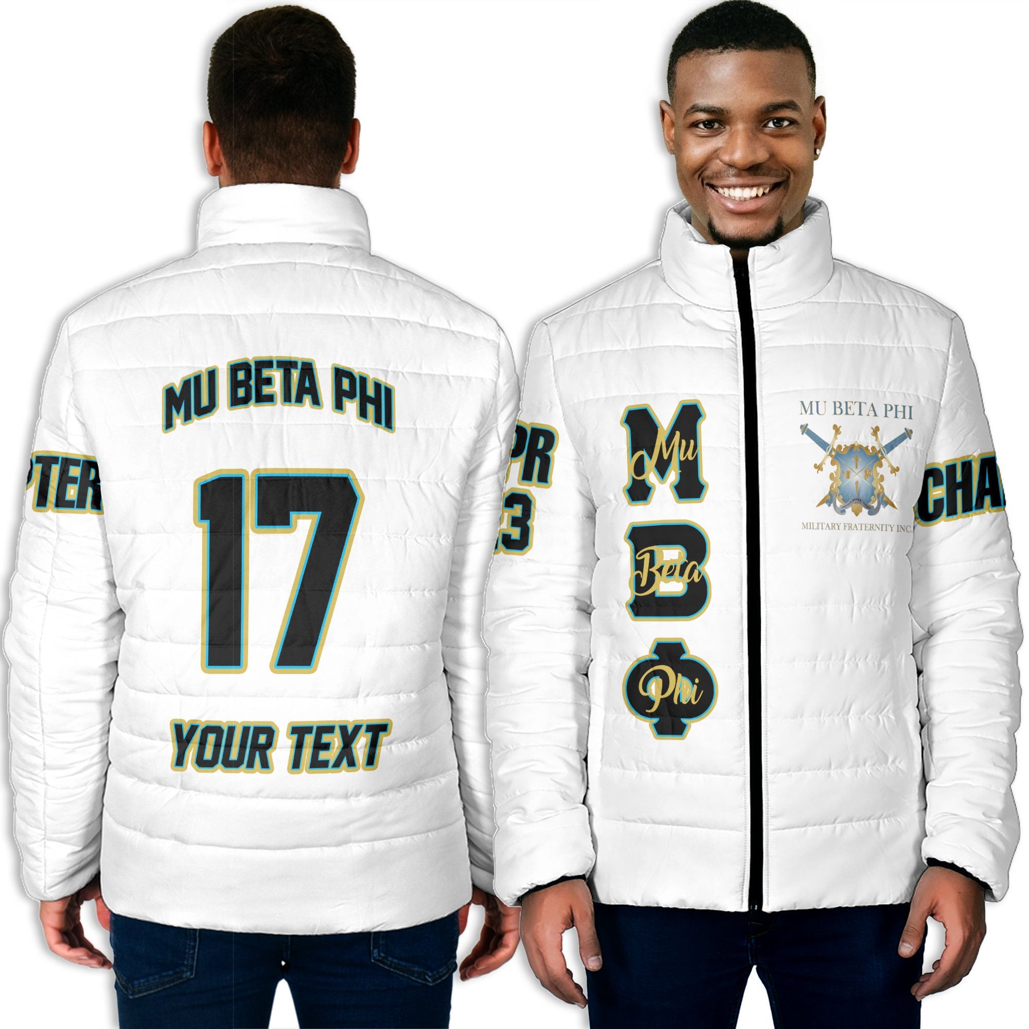 Fraternity Jacket - Personalized Mu Beta Phi Men Padded Jacket Original White Style