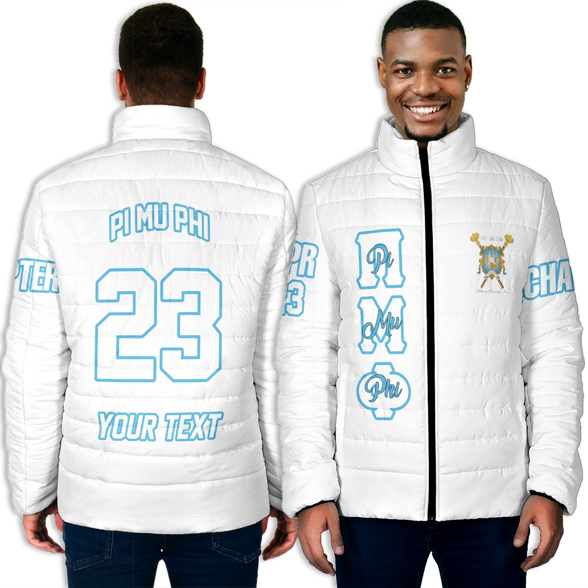 Sorority Jacket - Personalized Pi Mu Phi Men Padded Jacket Original White Style