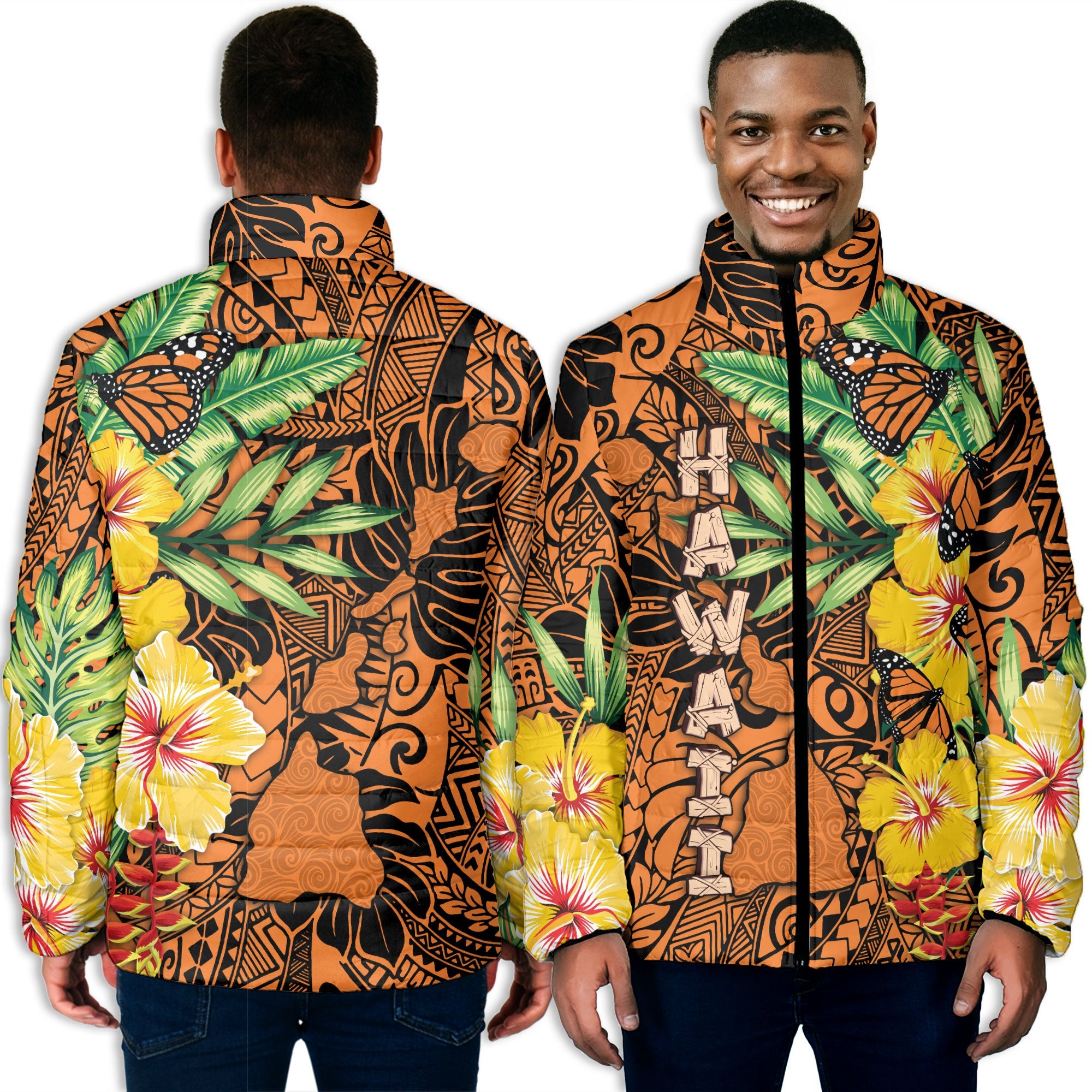 Hawaii Men Padded Jacket Kamehameha Butterfly Tropical Style