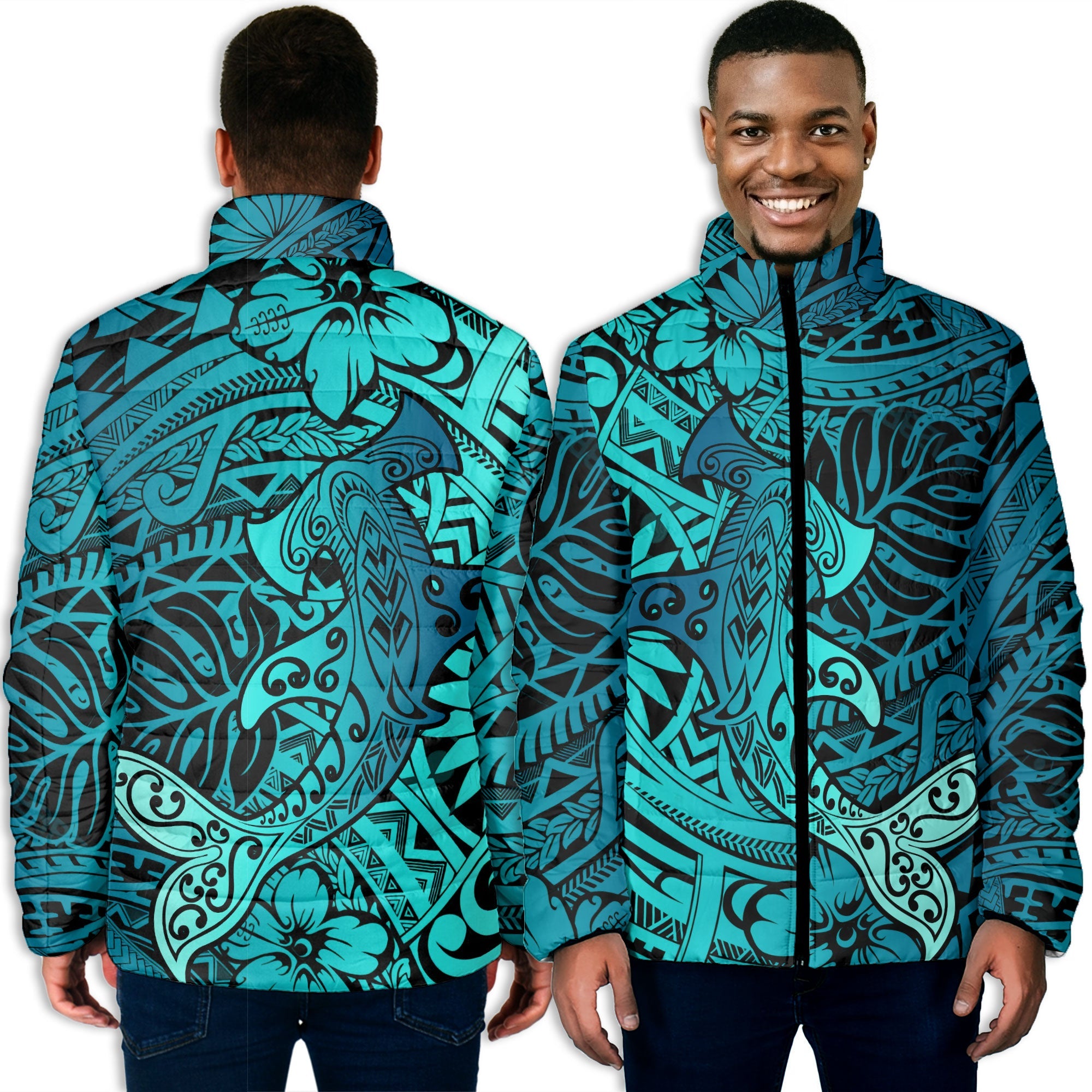 Hawaii Hammerhead Shark Men Padded Jacket Light See Blue Style