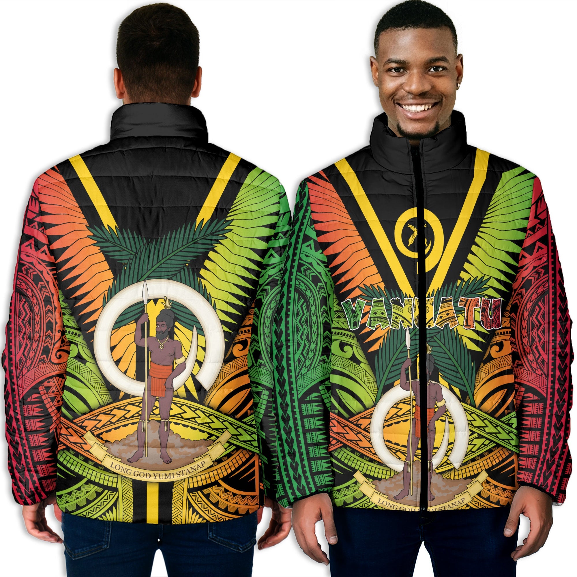 Vanuatu Men Padded Jacket Coat Of Arms Reggae Style