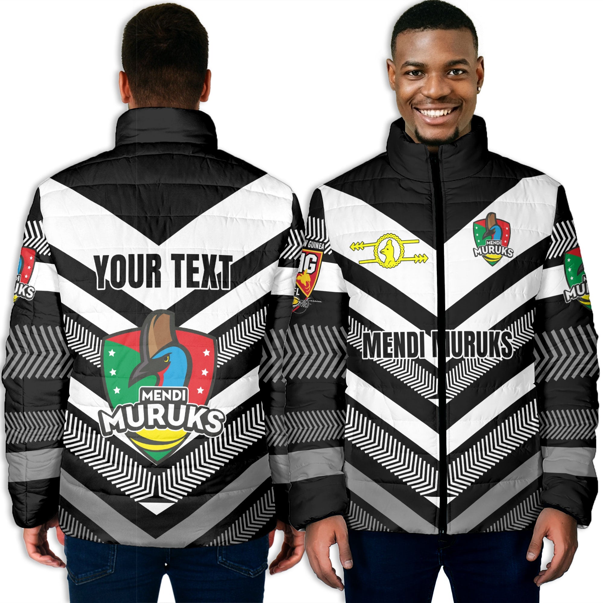 Custom Mendi Muruks Men Padded Jacket Papua New Guinea Rugby Black & White Style