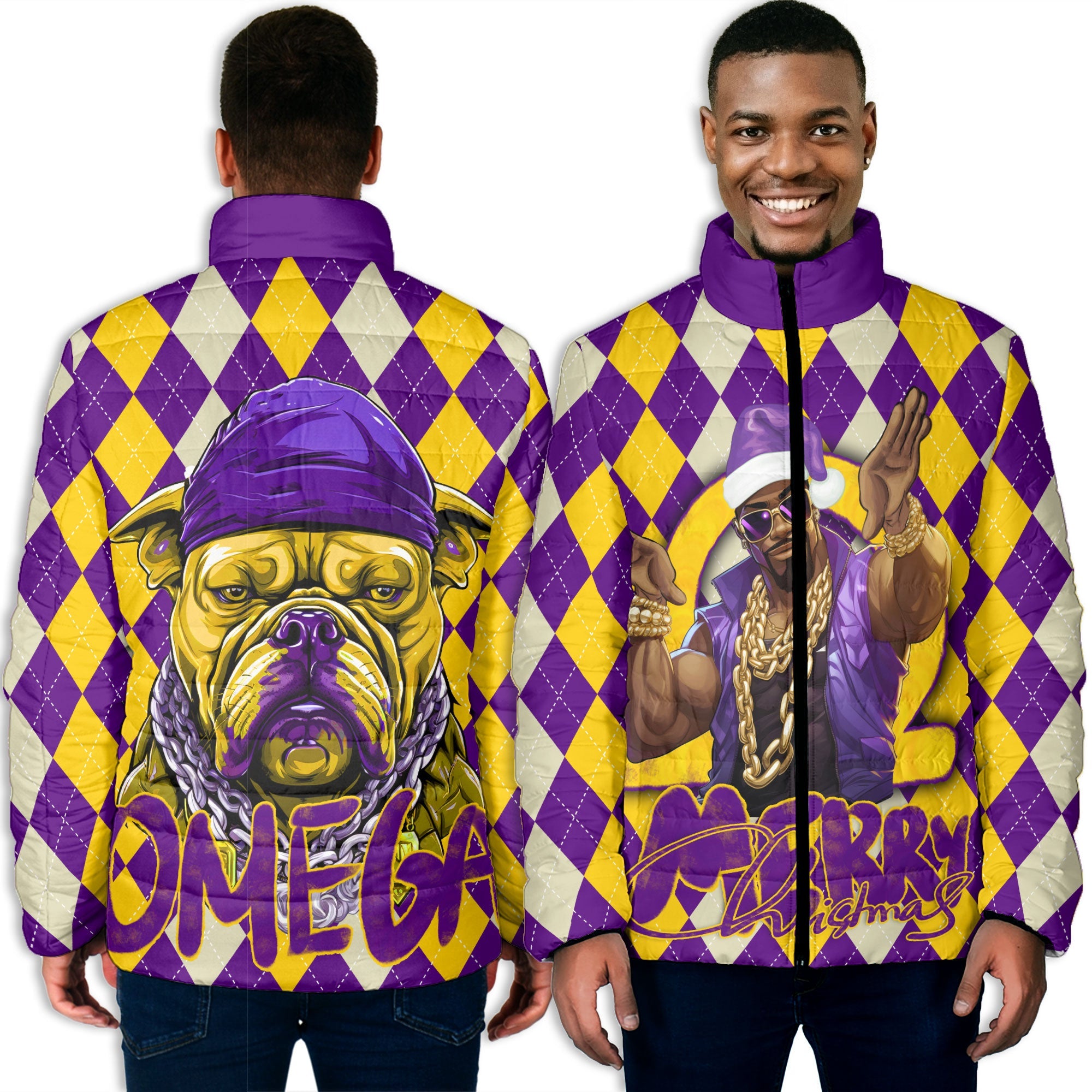 Fraternity Jacket - OPP Christmas Men Padded Jacket Bulldog Purple Gold Caro Pattern Style