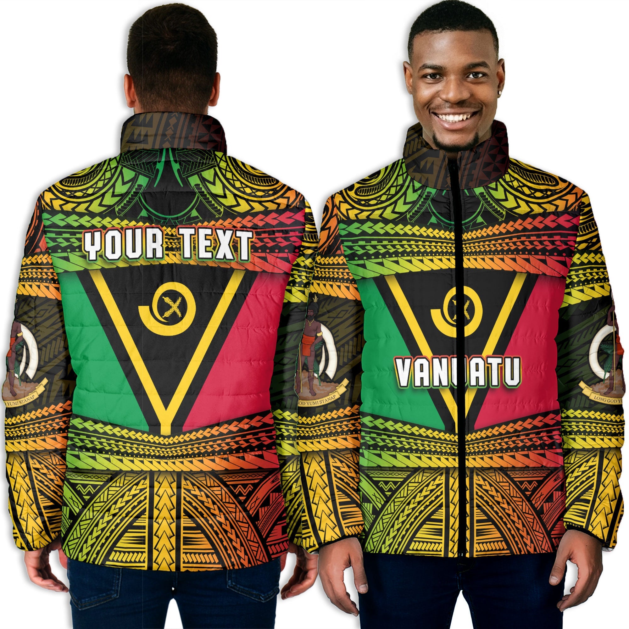 Custom Vanuatu Flag & Coat Of Arms Men Padded Jacket Reggae Style