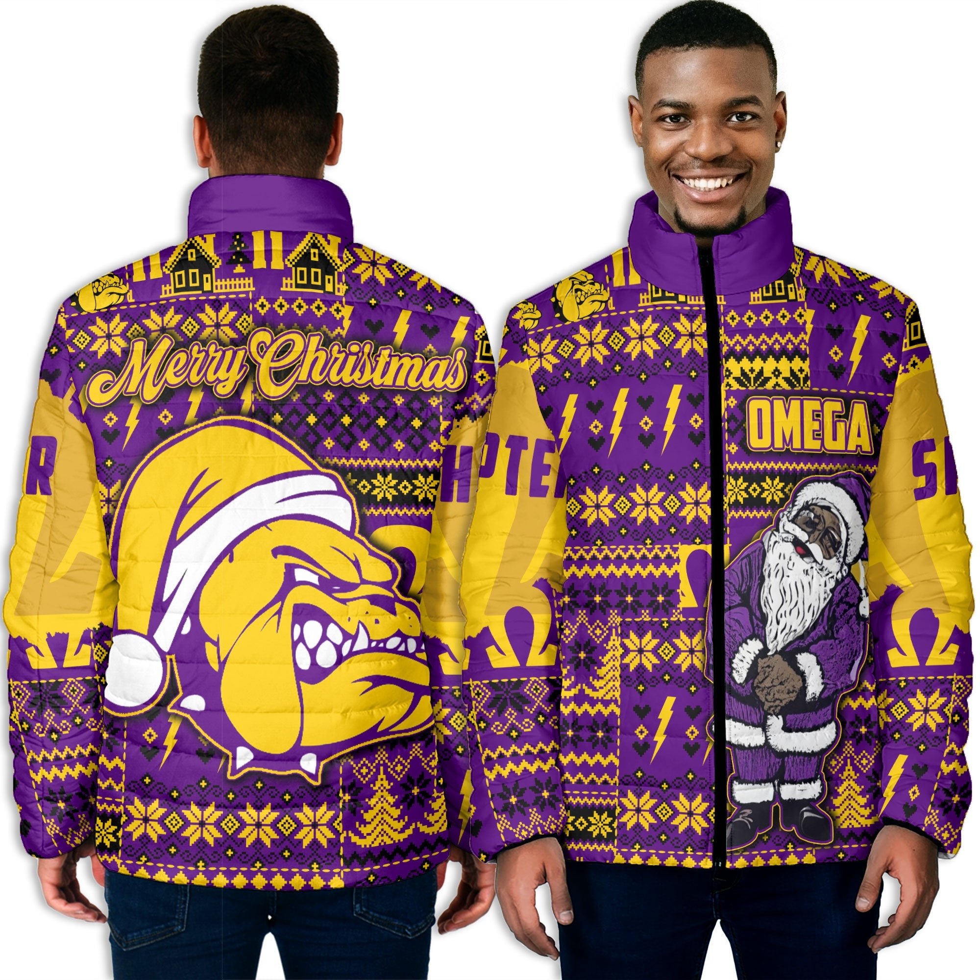 Fraternity Jacket - Personalized OPP Christmas Men Padded Jacket Bulldog & Santa Claus Omega Style