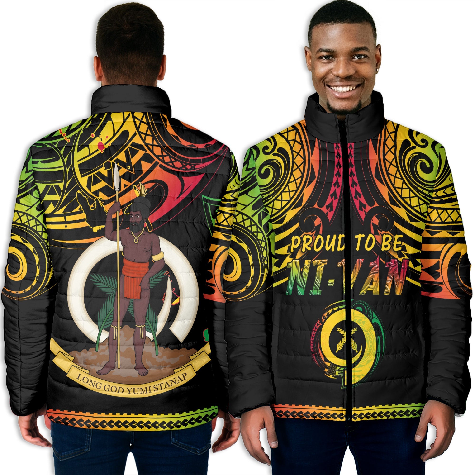 Vanuatu Proud To Be Ni-Van Men Padded Jacket Coat Of Arms Reggae Style