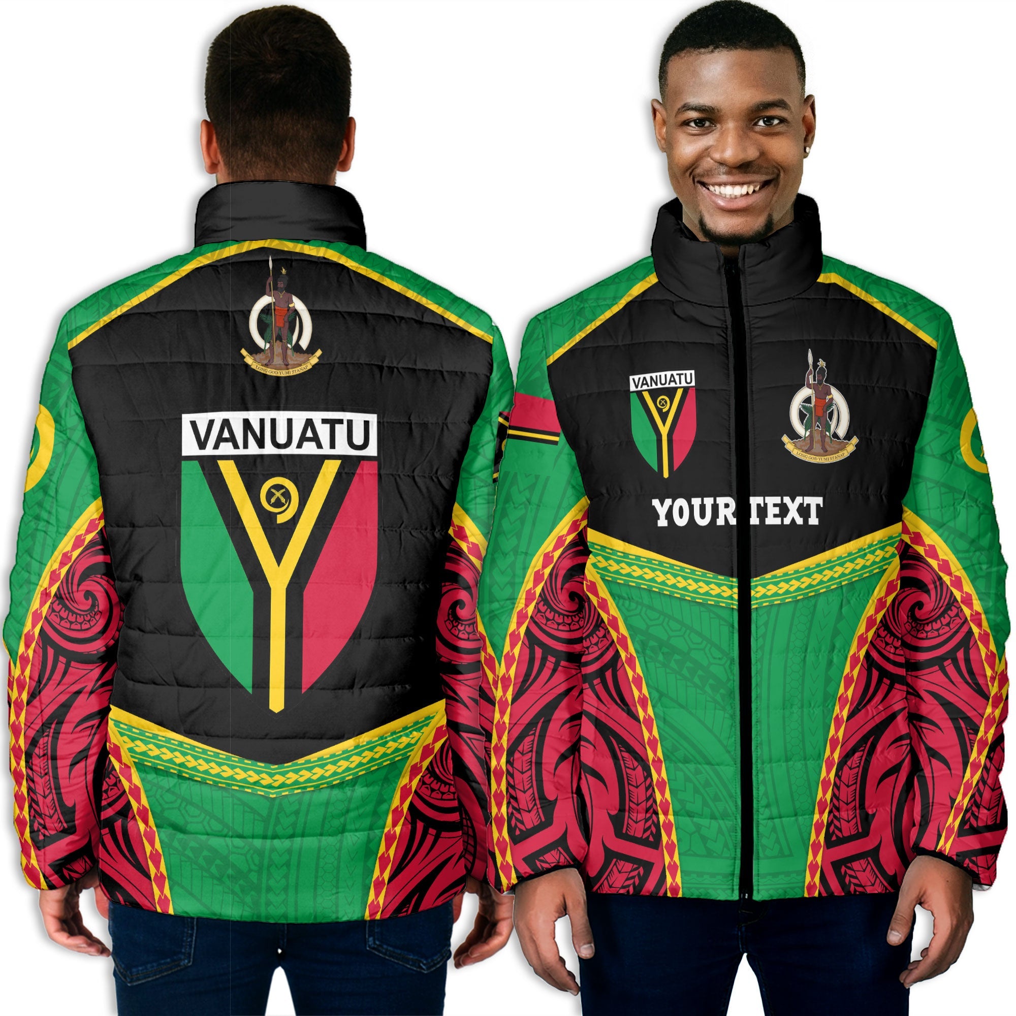 Custom Vanuatu Flag & Coat Of Arms Men Padded Jacket Black Style