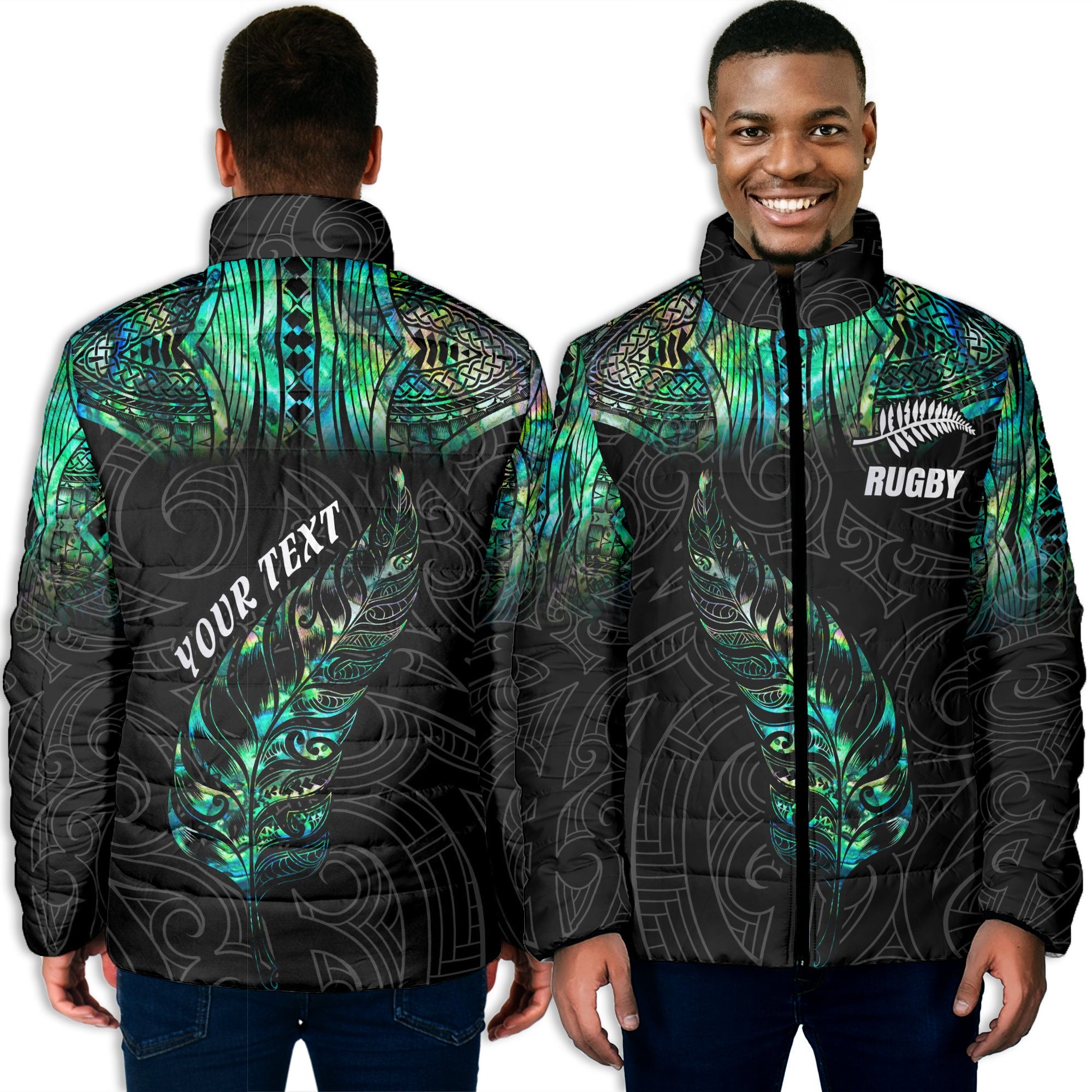 Custom New Zealand Rugby Men Padded Jacket Maori mix Paua Shell Rugby Silver Fern Aotearoa - LH1