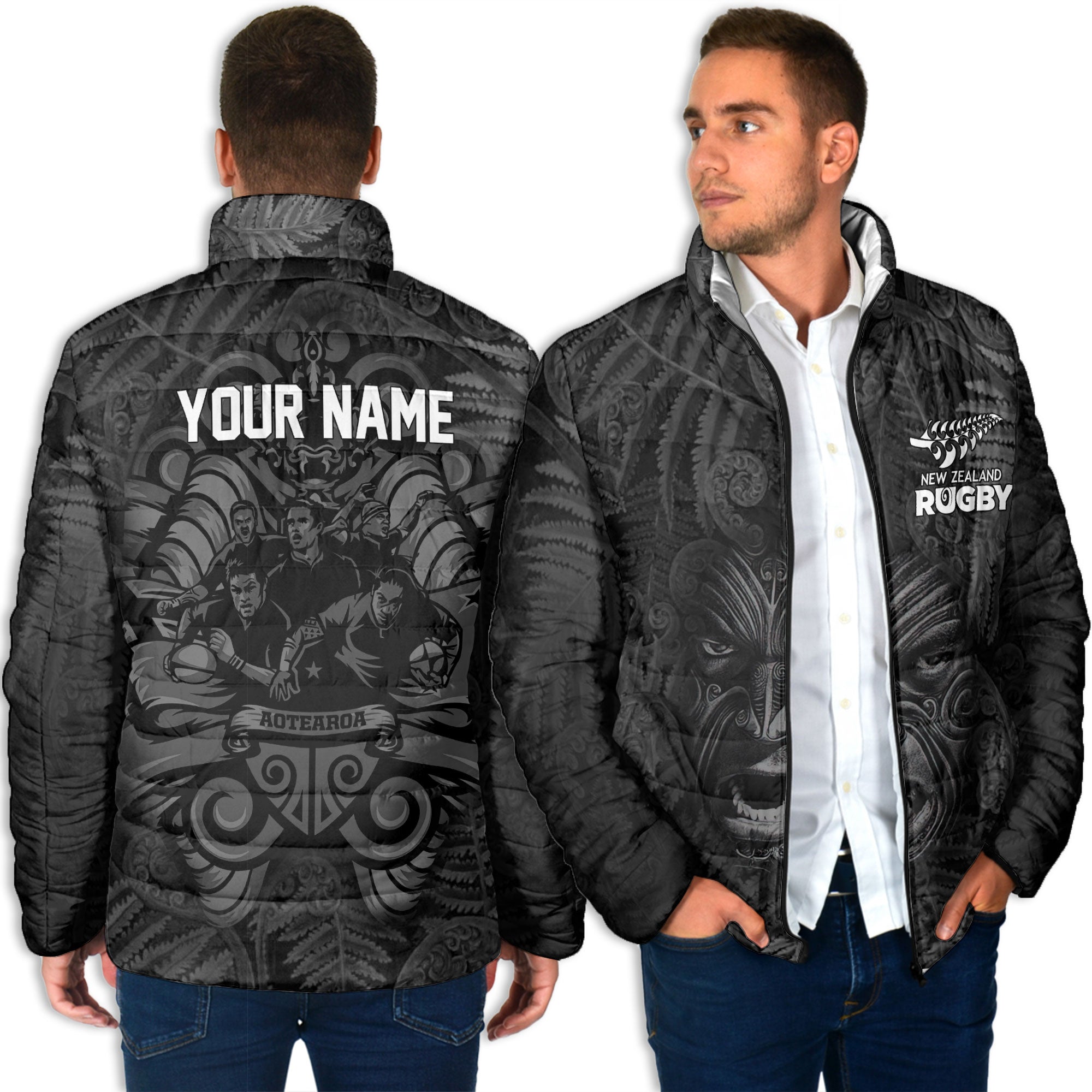 Custom New Zealand Rugby Men Padded Jacket Silver Fern & Maori Warrior Style